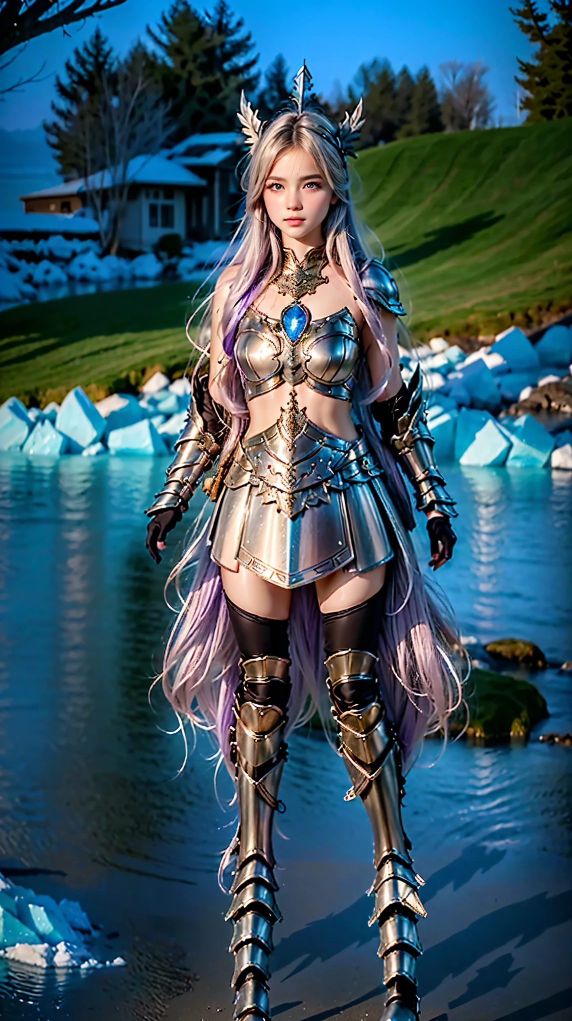 a close up of a person in a dress standing near a body of water,   ornate bikini armor  ,   in monster hunter armor  , De Bravely Default II,  Intricate fantasy ,  of armor,  outrageous cuirass  , the armor reflected in the silver color of the ice, Shalltear bloodfallen, Shiny plate armor, baroque armor, fuchsia skin underneath the armor,   shiny armor, 
([long hair]:1.8), (full body:1.8), (upper body:0.3), (hyper Realistic:1.4), (Realistic:1.3), (best quality real skin texture), detailed eyes, detailed face, Persephone, Persephone, (sfw:1.5) hyperRealistic, LESS saggy breasts, (:1.5), (huge legs:1.5), (LESS THIGHS:1.5), perfect legs, perfect legs, legs added , legs added  e perfeitas, shapely legs,  shapely thighs , legs added , Smooth thighs. (erotic pose:1.5), (thick eyebrows:1.2), ( Big purple eyes :1.2), (ultra detailed eyes:1.4), (high resolution eyes:1.1), (ultra detailed skin texture:1.4), ( Beautiful toned body :1.1), camel toe, bela