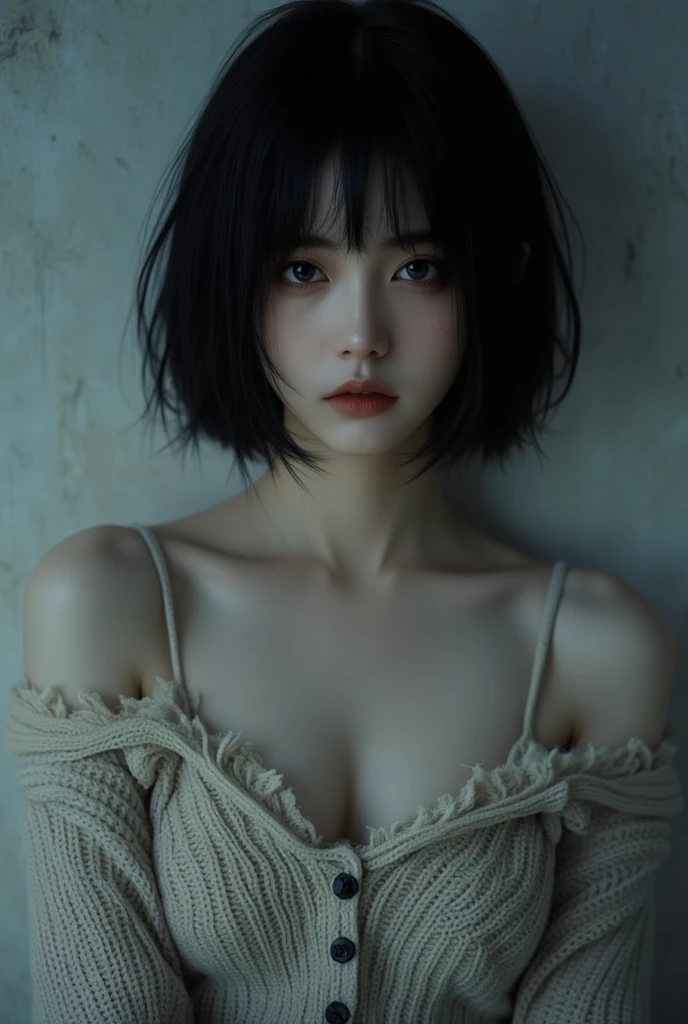 (front focus), (in the dark:1.6), Hyperrealist portrait of female by david hockney and alphonse mucha, fantasy art, photo realistic, dynamic lighting, artstation, poster, volumetric lighting, very detailed faces, 4 k, award winning, 1girl, in the dark, deep shadow, low key,full shot, (official clothing:1.4), short hair, bob cut,Shiny black hair,Huge, full breasts,bared breasts,Black underwear,Bedroom/