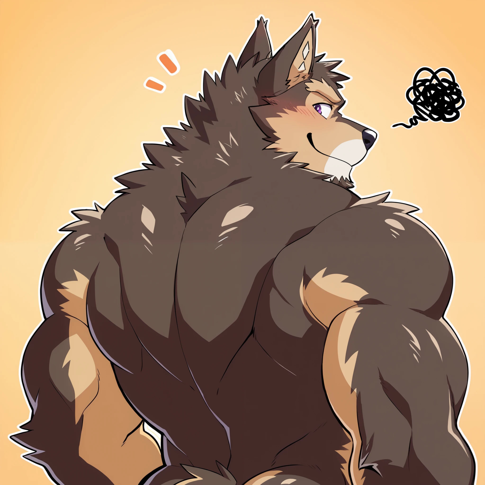 Scribble German Shepherd face,Pubraseer( German Shepherd),(nude:1.3), Muscular , brown fur ,( artist :Takemoto Arashi),( buttock bulges:1.3) ,purple eyes,butt,(Back view:1.3),Smile,blush