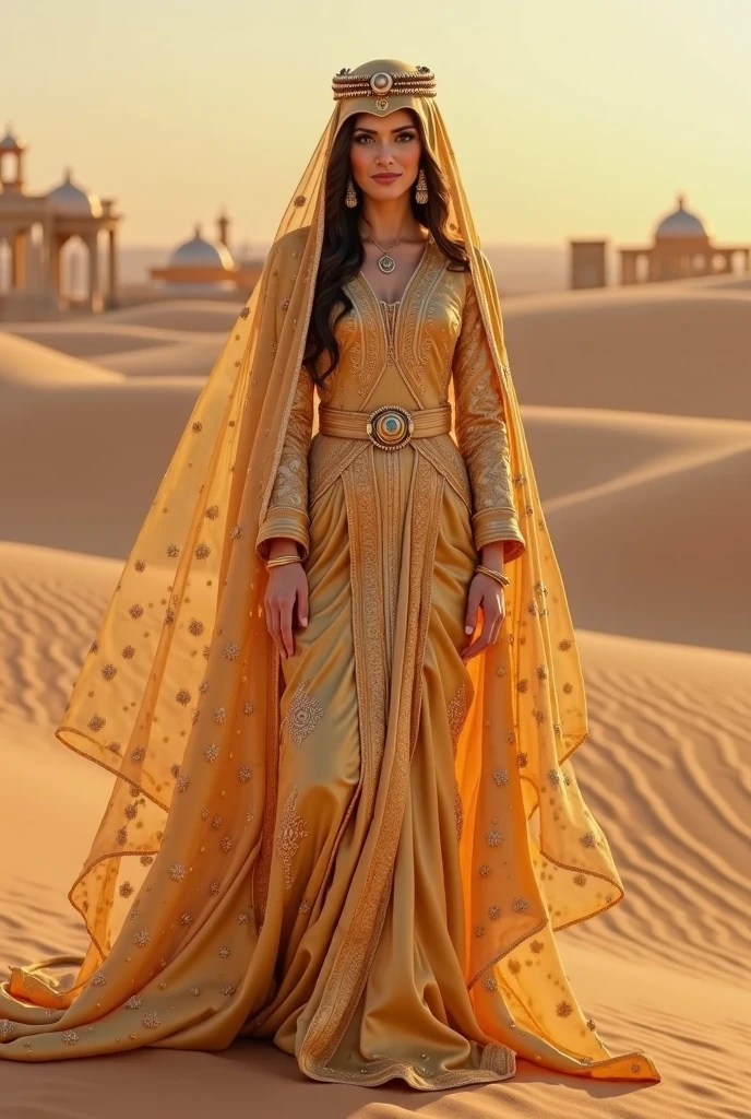 A captivating photo, (wide lens), of a gorgeous ancient Mongolian woman in traditional native attire, elegantly posed, sensual and alluring, featuring intricate jewelry, detailed headdress, warm desert lighting, hyper-realistic textures, cinematic composition, a masterpiece by Sandro Botticelli and Gustav Klimt, high detail, 8k resolution, artstation trending.