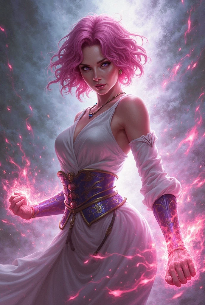 Generate the image of a woman with short wavy bright pink hair using powers for an RPG character