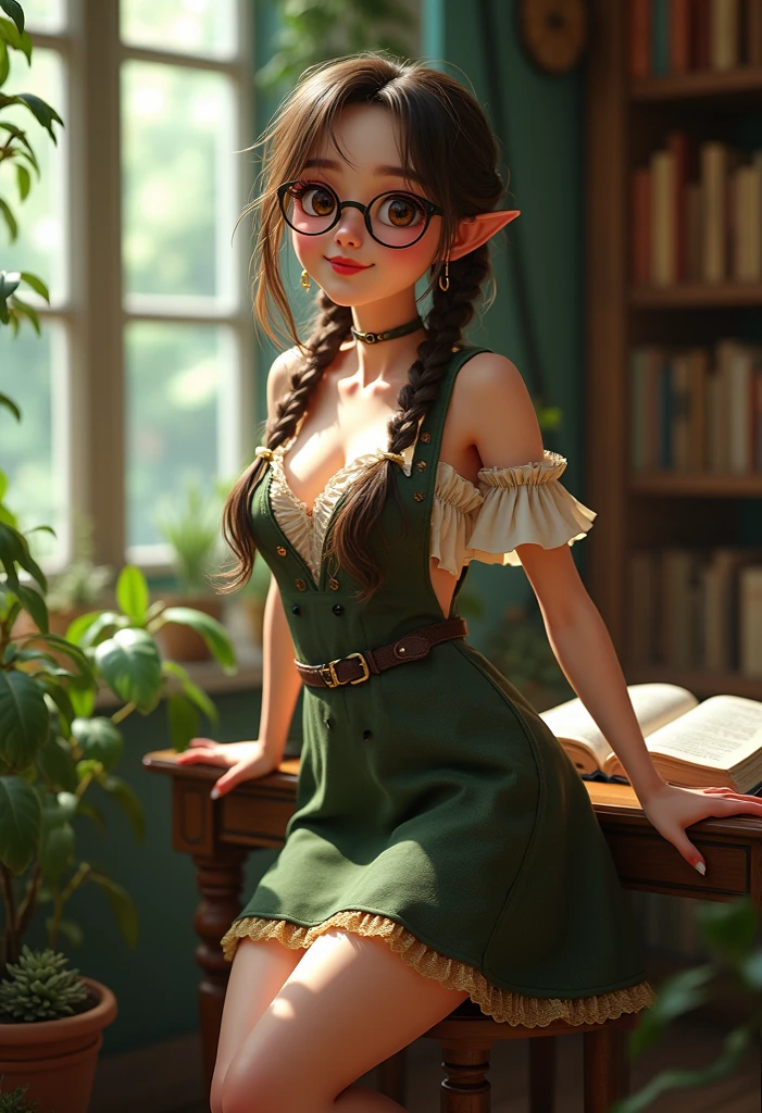 (masterpiece), ultra high quality, expressive eyes, perfect face, (leather necklace on waist) seductive gauze, green eyes, shape, rosy cheeks, sexy glasses, looking down, ((wet tight t-shirt)), small chest perfect, thin waist, perfect ass, small white lingerie, evil smile, ultra-realistic, fov, hair in braids, hands tied afterwards, detailed eyes, 8k, realistic photo, cymetrical eyes, absurd quality