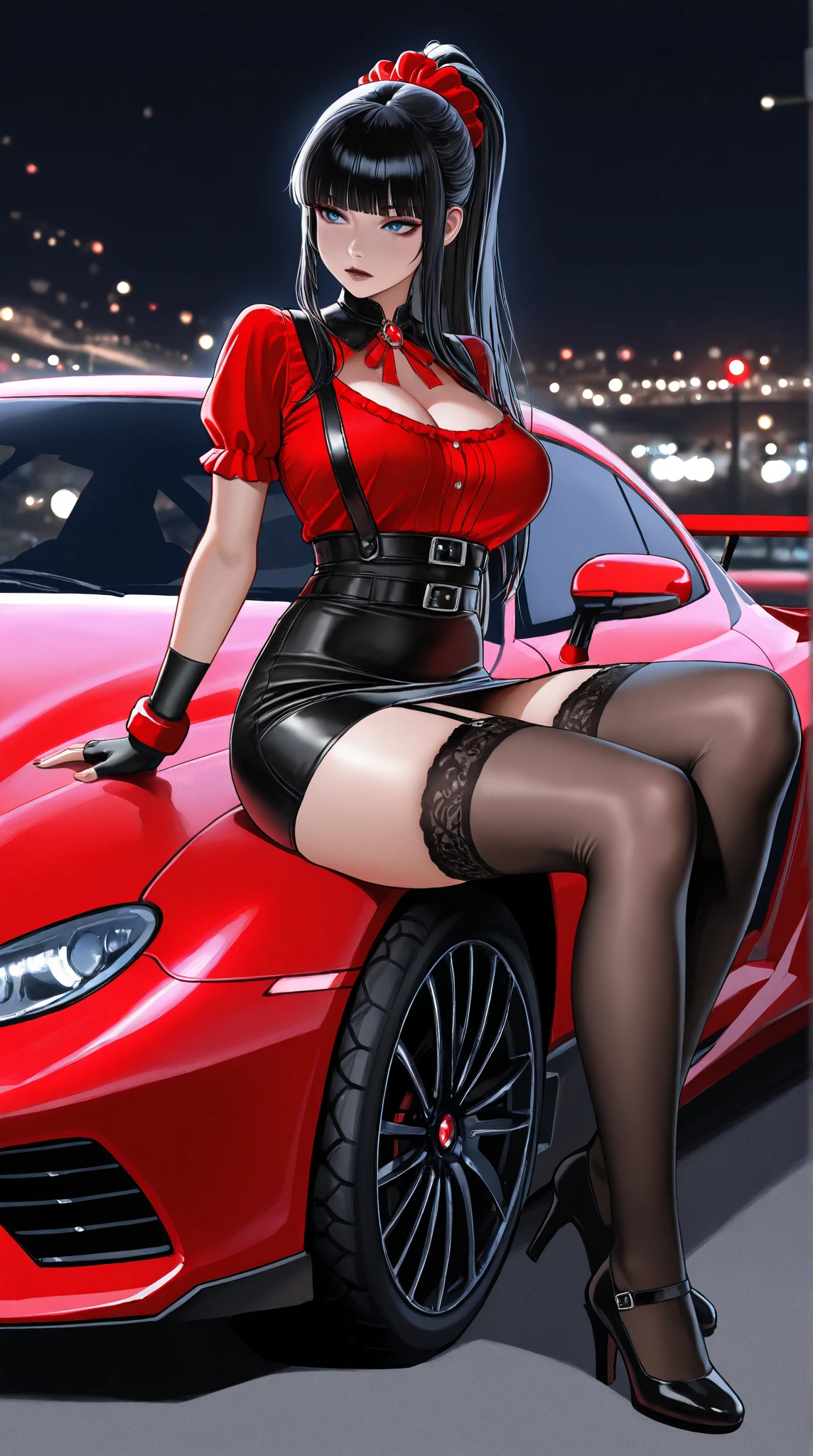 perfect and beautiful face, beautiful girl in red and black pointed toe stiletto knee high boots, standing beside a supercar ,, leatgher gloves on, big breasts and buts