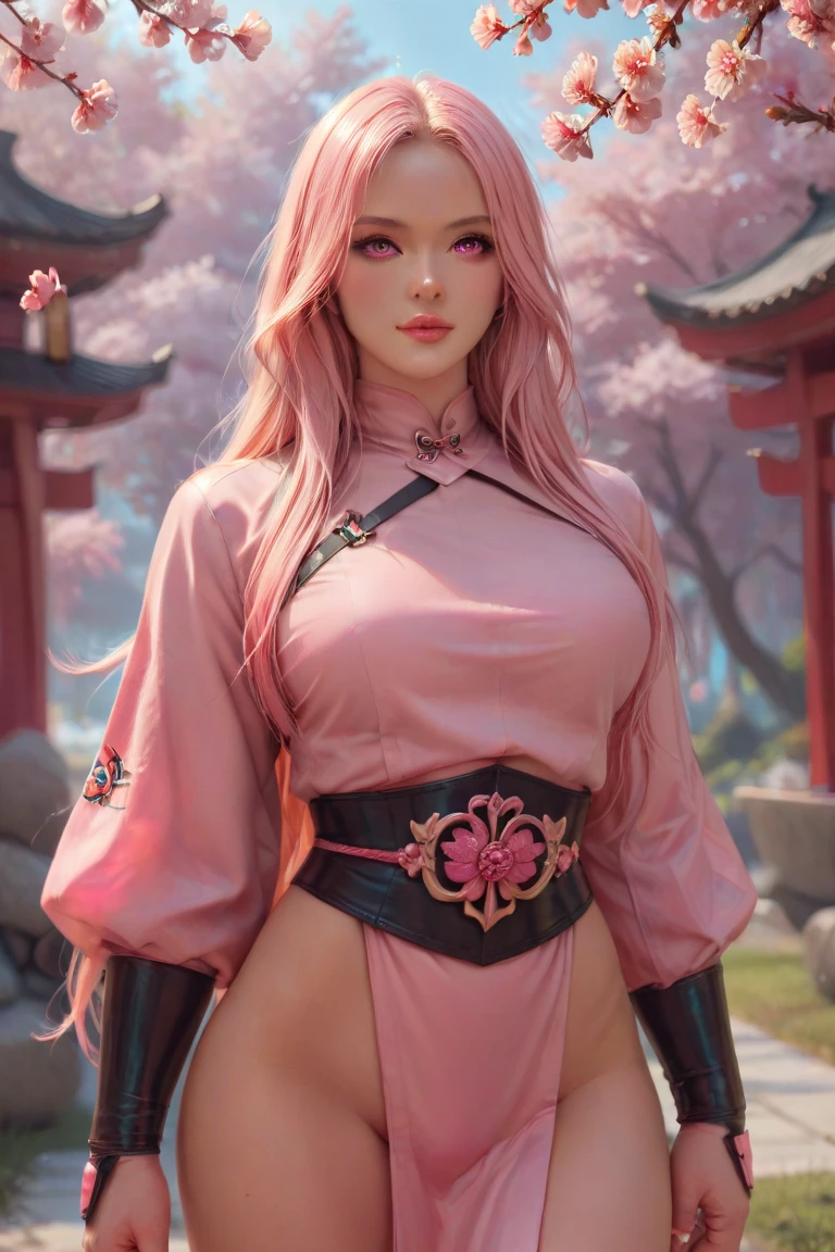 Perfect human body modeling, 1girl, small breasts, beautiful girl, cute girl and idol face, young face, smile, Beautiful long pink hair, twintails, Beautiful shining red eyes, white skin, Short body, Western-style fantasy, RPG, martial artist, dark green Chinese Combat Uniform,