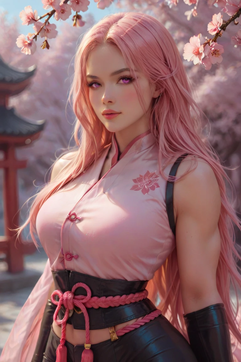 (Masterpiece, Superb Quality, 1Girl, Solo, Complex Details, Color Aberration), Realism, Panorama, Full Body ((Medium Breath)), Natural Action, Bare Shoulders, Big Breasts, Sexy, Yae Miko, Long Pink Hair, Red Headdress, Red Highlight, Hair Above One Eye, Green Eyes, Earrings, Sharp Eyes, Perfect Symmetrical Figure, Choker, Neon Shirt, Open Jacket, Turtleneck Sweater, Against a Wall, Brick Wall, Graffiti, Dim Lighting, Alley, Looking at the Audience, ((Mean, Seductive, Charming)),(((cherry blossom background))),((Japanese temple background))), (((luminous background))))