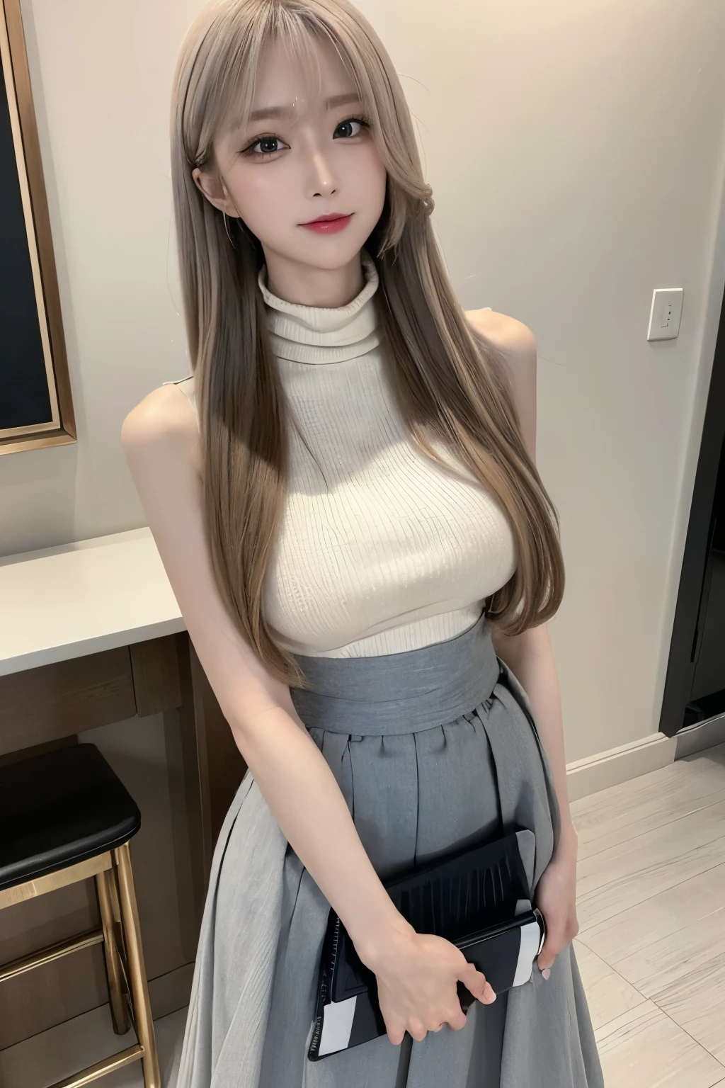 masterpiece,best quality, ultra highres,8k,16k,delicate photography, sharp line, sharp focus, (perfect anatomy:1.5), RAW photo, resolution,realistic,ultra detailed,sharp focus,RAW photo,白,蒼,黒,UHD,
BREAK,
22years old,beautiful Japanese girl,
beauty hair,blonde hair,color contact eyes,Long eyelashes and mascara,gal,gal makeup,large breasts,
(mock neck sleeveless knit shirts),(high waist maxi long skirts:1.5),pantyhose,Stiletto High Heels,
BREAK,
smile,Photo style,full shot,office,ID card,sagging breasts,
momo,1girl,gal.safetensors,