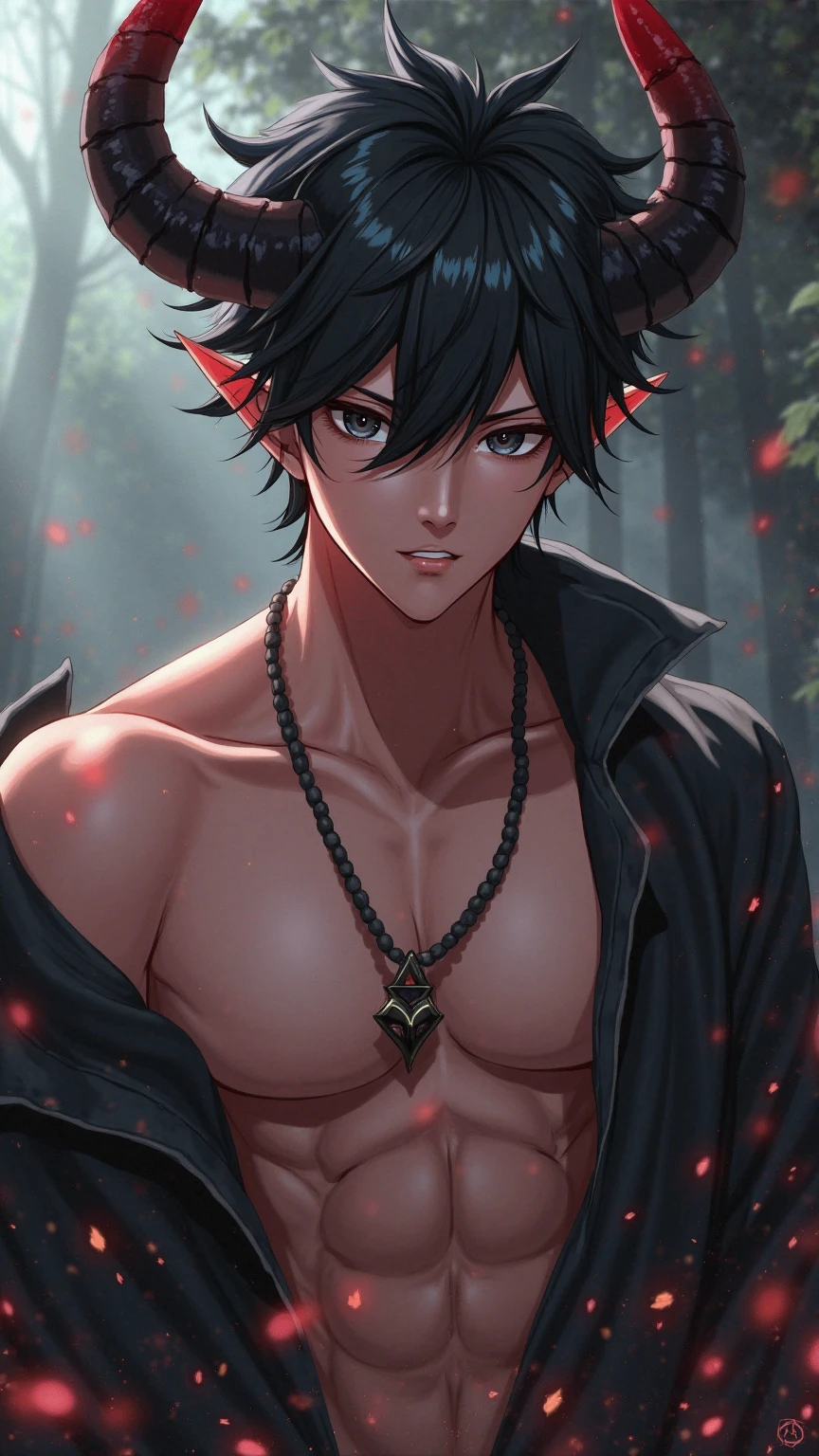 This anime boy has a muscular and manly body, with elegant and beautiful features. Her dark hair falls lightly over her forehead., and small dark horns protrude from its head. His yellow eyes shine brightly, full of mystery. It is located in a dark forest, surrounded by a mystical atmosphere that highlights its demonic and seductive appearance.