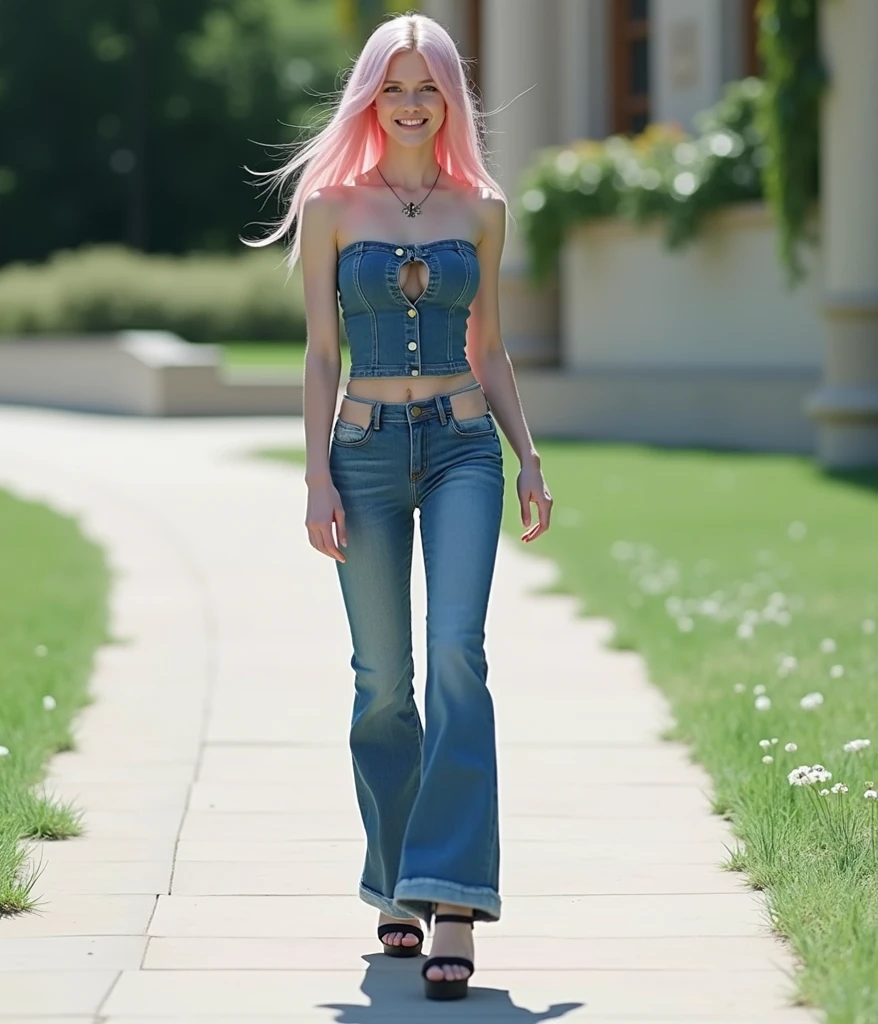((Draw Full Body, Show full body from head to toe, standing, body facing to the viewer (show front body)). Balance focused camera view, Centered camera view, middle camera view, vertical scape camera. Masterpiece:1.5, illustration:1.1, best quality:1.5, realistic, photorealistic, fine detail, perfect detail, sharp color, 4k, 8k, HDR, natural lighting, very bright lighting, sunlight, sharp focus, smooth detail, high resolution. Bright toned skin, Big body, Tall body, fit body, abdominal muscle, slender body, leg length, Big breast:1.5. A woman wearing tight tank tops, jeans, boots. Long straight (pink hair), beautiful eyes, perfect eyes. Wearing (makeup), blush, lipstick, glossy lips, eyeshadow, eyelashes. Outdoor, at a city road, bright sky, sunlight, daylight. Standing (full body view), looking at the camera.