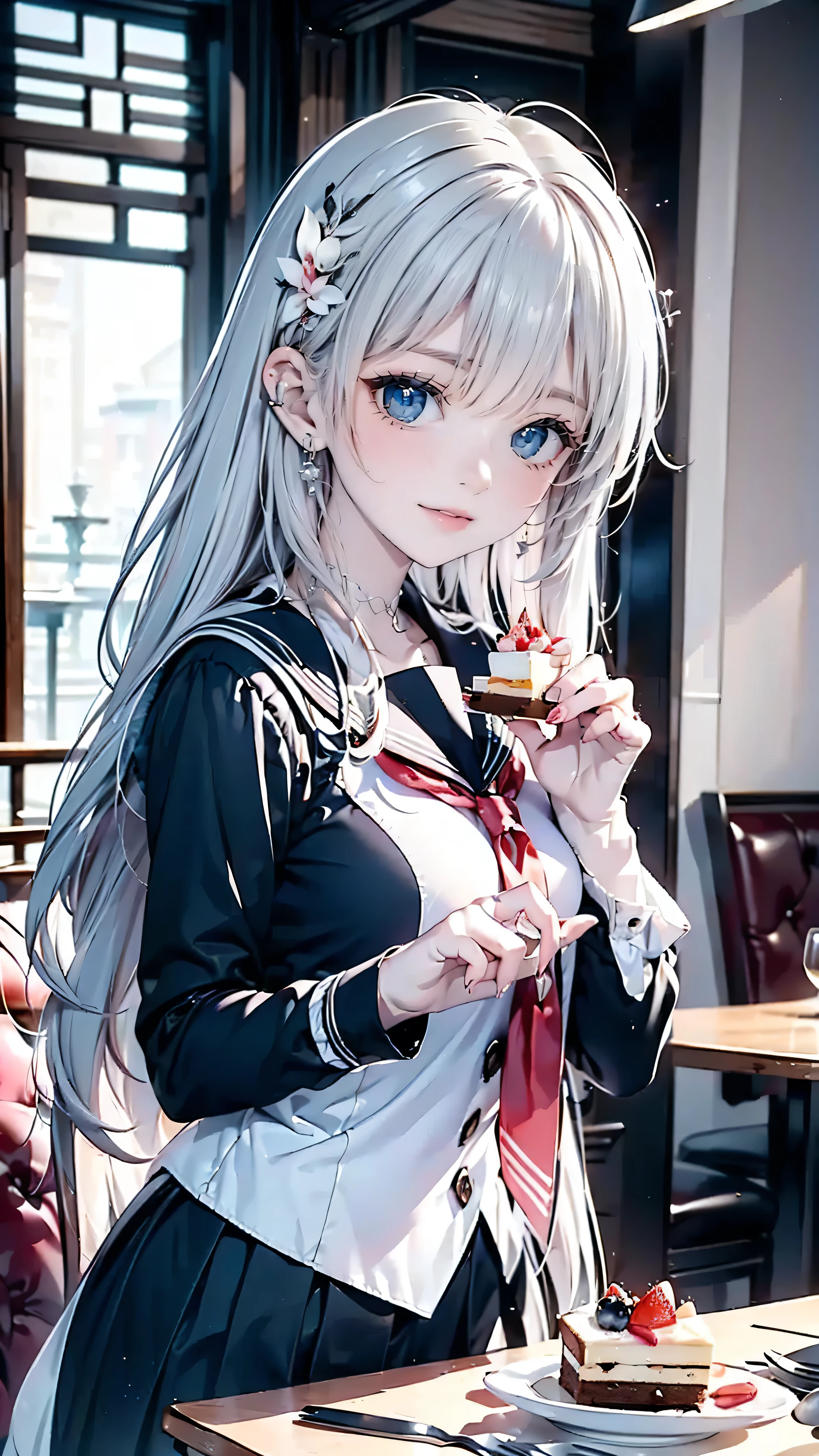 Highest quality, 8K, Highest quality, ((Odd-eyed high school girl)), ((Heterochromia, Crimson Eyes, Green Eyes)), ((Sparkling and delicate eyes)), ((Very accurate eyes)), (Platinum and purple long hair), Princess cut, ((Transparent and shining white skin)), Shiny skin, Very white skin, ((Very small breasts)), ((Wearing a dark blue long-sleeved sailor uniform and eating cake in a cutely decorated cafe/restaurant)), Eating cake, ((Eating cake with a hawk in one hand)), Beautiful fruit cake, The action of eating cake, ((Detailed depiction of the cake)), ((Anatomically accurate depiction)), ((Detailed depiction down to the fingertips)), Smile, Very beautiful, Beautiful cafe/restaurant, Gentle light