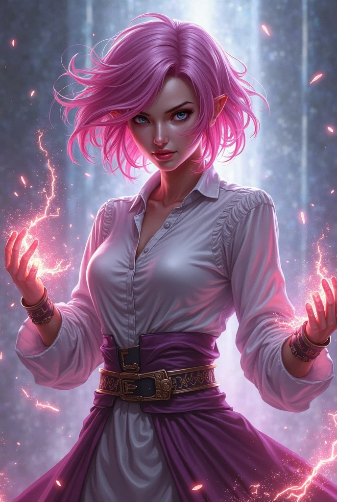 Generate the image of a woman with short wavy bright pink hair using powers for an RPG character