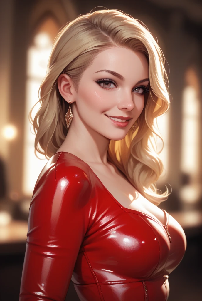 photorealistic, thepit style, (((huge breasts))), sexy blonde woman, ((mature woman)), long straight blonde hair, smile, full red lips, glasses, pink angora sweater, deep cleavage, dark background, facing viewer, looking at viewer, closeup
