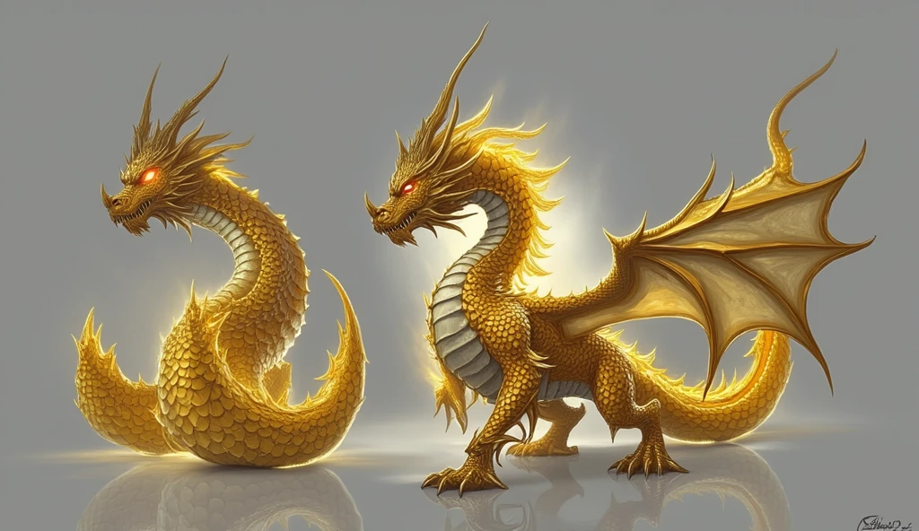 A golden oriental dragon，Golden Dragon，Golden faucet，Horns on the head，fear，Scary，Huge teeth，ferocious，（((side view：1.5))），White background，cartoon，Second Dimension