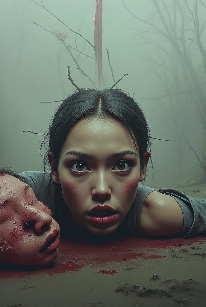 Human head being traded in a traditional market, on a top of table, human trafficking, bleeding, woman's head, open mouth, ((eyes closed)), bleeding, photorealistic, 4K, Nikon, horror, public market backgound, beautiful asian face, Crazy, horror, 17-year-old man, naked with an apron full of blood, is behind a seated, bloody woman. The man has a machete,
