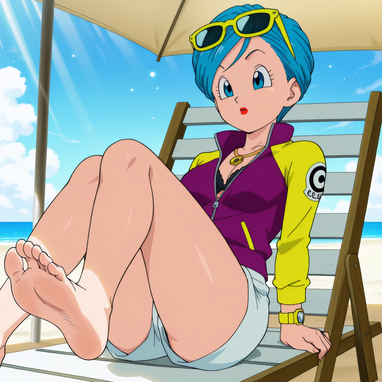 anime screencap, masterpiece, best quality, amazing quality, very aesthetic, absurdres, newest, (scenery, volumetric lighting), dappled sunlight, light particles, light rays, official style,
bulma, super, very short hair, side swept hair, blue eyes, blue hair,
jacket and shorts outfit, jacket, black bra, foot focus, shorts, necklace, short shorts, makeup, sunglasses, lipstick, eyewear on head, multicolored clothes, zipper, watch, barefoot,  white shorts, wristwatch, purple jacket, yellow sleeves, multicolored jacket, partially unzipped, two-tone jacket, soles, undressing, 
sitting, beach chair, day, blue sky, cloud, 
