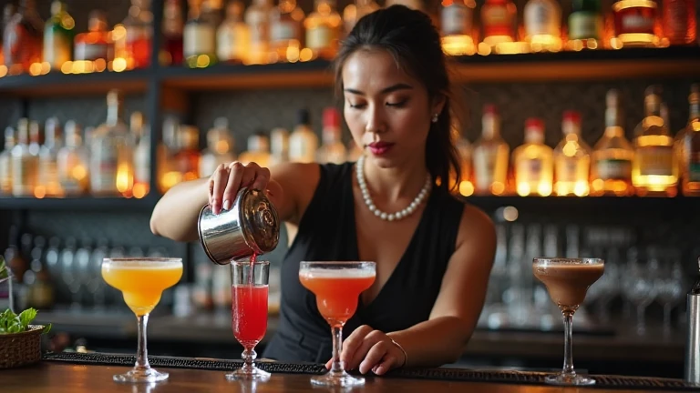 Scene 3: Bartender Making Cocktails Prompt: A professional bartender making cocktails at a stylish bar. The bartender expertly mixes drinks, and the counter is lined with beautifully crafted cocktails. The atmosphere is elegant and lively, with modern decor and warm lighting. Cinematic style, high resolution, warm tones, dynamic lighting, and a sense of movement."A mystical atmosphere like a photograph, with impressionistic lighting and harmonious color coordination, creating a cohesive Disney-inspired aesthetic."