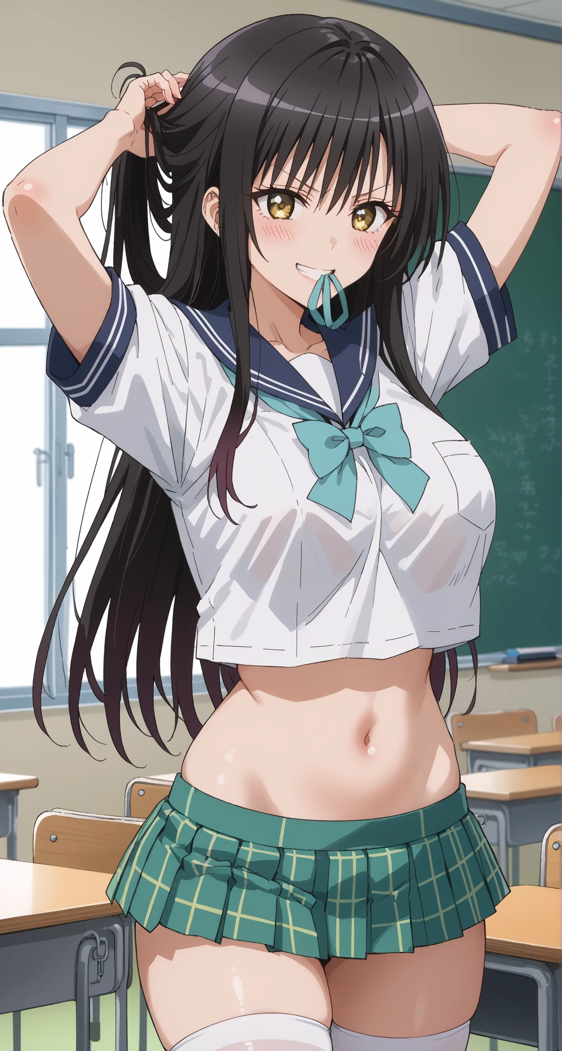 long flowing brunette hair, green eyes, busty, ahegao, moan, masterpiece, best quality, highly detailed, a anime girls in sailor uniforms with a gun posing for a picture,
evil smile, smile, open mouth,black_serafuku, ecchi anime style, anime girls , (nsfw) not safe for work,
ecchi style, ecchi, shipgirls, digital anime art!!, high school girls, in anime style, official artwork, beautiful
anime high school girl, anime style 4 k, micro skirt, exposed belly, exposed navel, exposed midriff,
exposed lower belly,school, classroom,