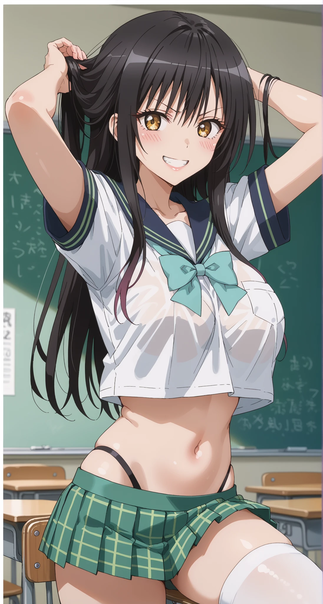 score_9, score_8_up, score_7_up, BREAK source_anime, rating_explicit, best quality, masterpiece, uncensored, 1girl, black hair, ponytail, light blue and white bikini, bikini-tops pull up around breasts, bikini-bottoms pull down around thigh, bare foot, embarrassed smile, mouth open, cute fangs, arms behind head, standing, classroom, blackboard, full body shot, bokeh