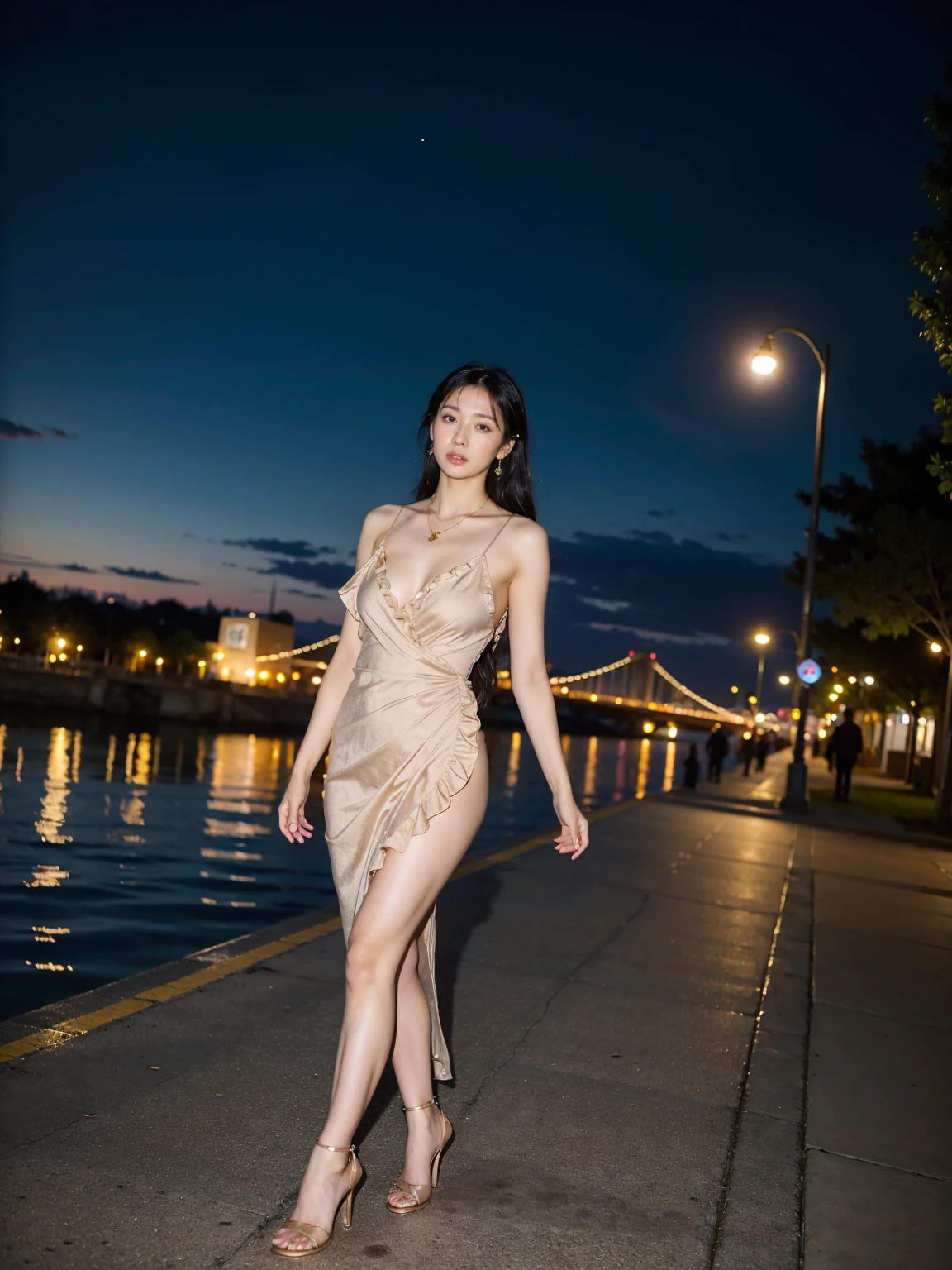 In the dark,A stunning beauty stands leaning on a quiet street。Her slender body is like a graceful willow branch,Swaying gently in the breeze。Tall and slender figure,Stand tall proudly,As flawless as a sculpture。
Her slender legs are flowing out,Like a straight glass pillar,Exuding a faint light。The curve of the waist is just right,It looks like a masterpiece carefully sculpted by an artist,It's heart-warming。
The elegant shoulder and neck lines are vaguely visible,It seems to be the most exquisite arc in the world。Her collarbone is clearly visible,like a clue,Leading people to explore her mysterious inner world。
That face can be called a fairy in heaven,Fair and delicate skin,It's like a layer of feathers gently covering it。Her facial features are delicate and three-dimensional,Eyes as deep as the stars in the night sky,Shining with wisdom and mystery。The slender eyebrows are like autumn water,The slightly raised corners of his eyes reveal a hint of pride and playfulness。The bridge of her nose is straight,Lips are rosy and plump,radiating luster。
秀发如千缕In the dark的瀑布倾泻而下,gently covering her shoulders。Every hair strand exudes healthy luster,Shining mysteriously like obsidian。
She was wearing a long dress that fitted her,Gently brushing her body,Show graceful curvequisite craftsmanship revealed in every detail,As if tailor-made for her。Against the backdrop of the dark night,She is like a fairy coming out of an ,Mesmerizingly beautiful。
站在In the dark,The description of this stunning beauty is full of poetry and romance,It's like a living dream,It's intoxicating,Can't bear to leave。