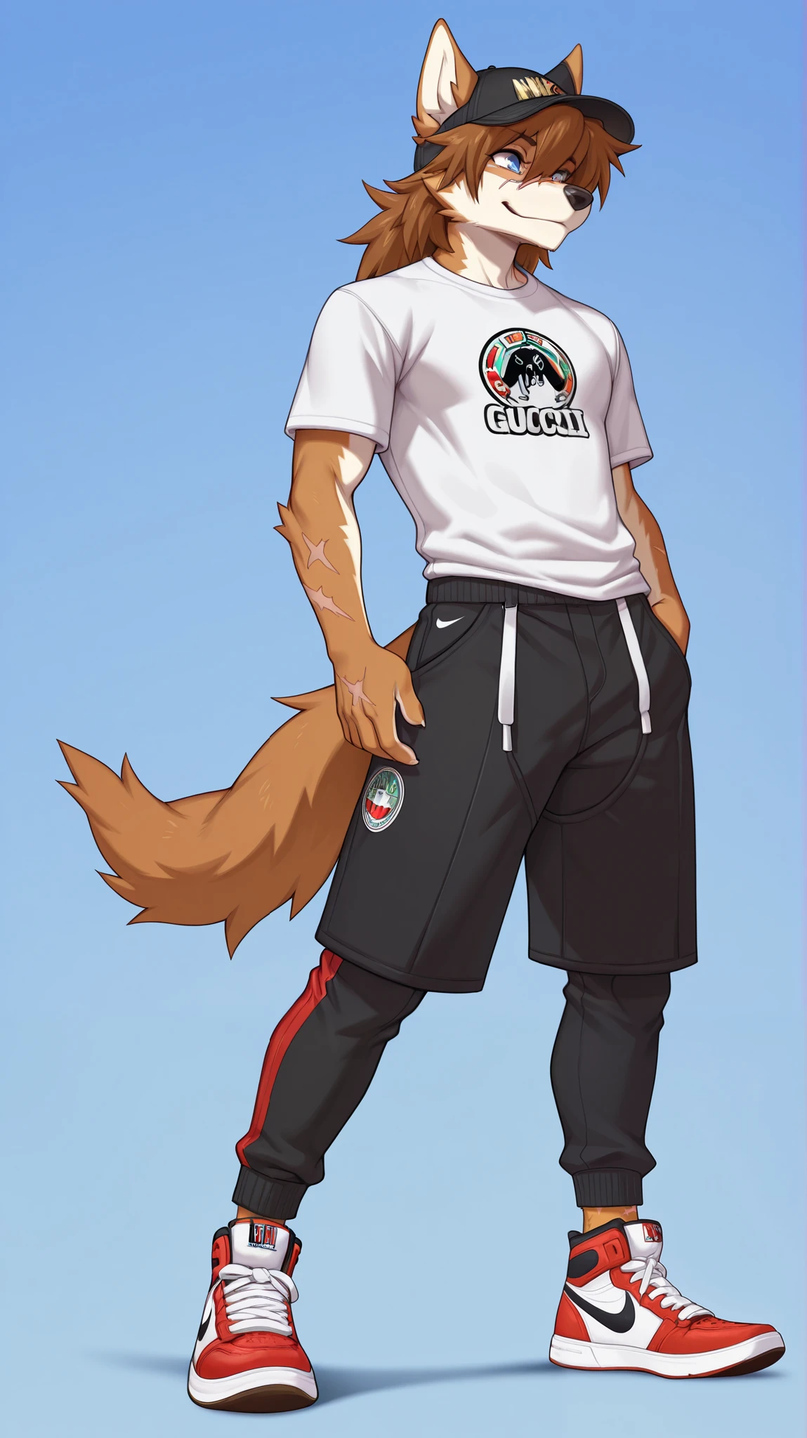 masterpiece,best quality,amazing quality quality, RedSav, 1boy, furry male, solo, three quarter view, two-tone fur, brown hair, dog ears, animal nose, detailed eyes, blue eyes, dog tail, scar on face, detailed eyes, black cap with Nike logo, white t-shirt and black Gucci pants, red Jordan sneakers, full body, cholo style, blue background, gradient background