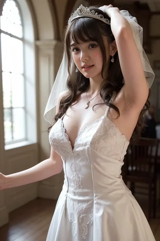 Highly detailed CG Unity 8k wallpaper, top quality, super detailed, masterpiece, realistic, photorealistic, highly detailed cute girl, (25 years old), blush, round eyes, medium breasts, semi-body shot, white wedding dress, cleavage, turning around from the side