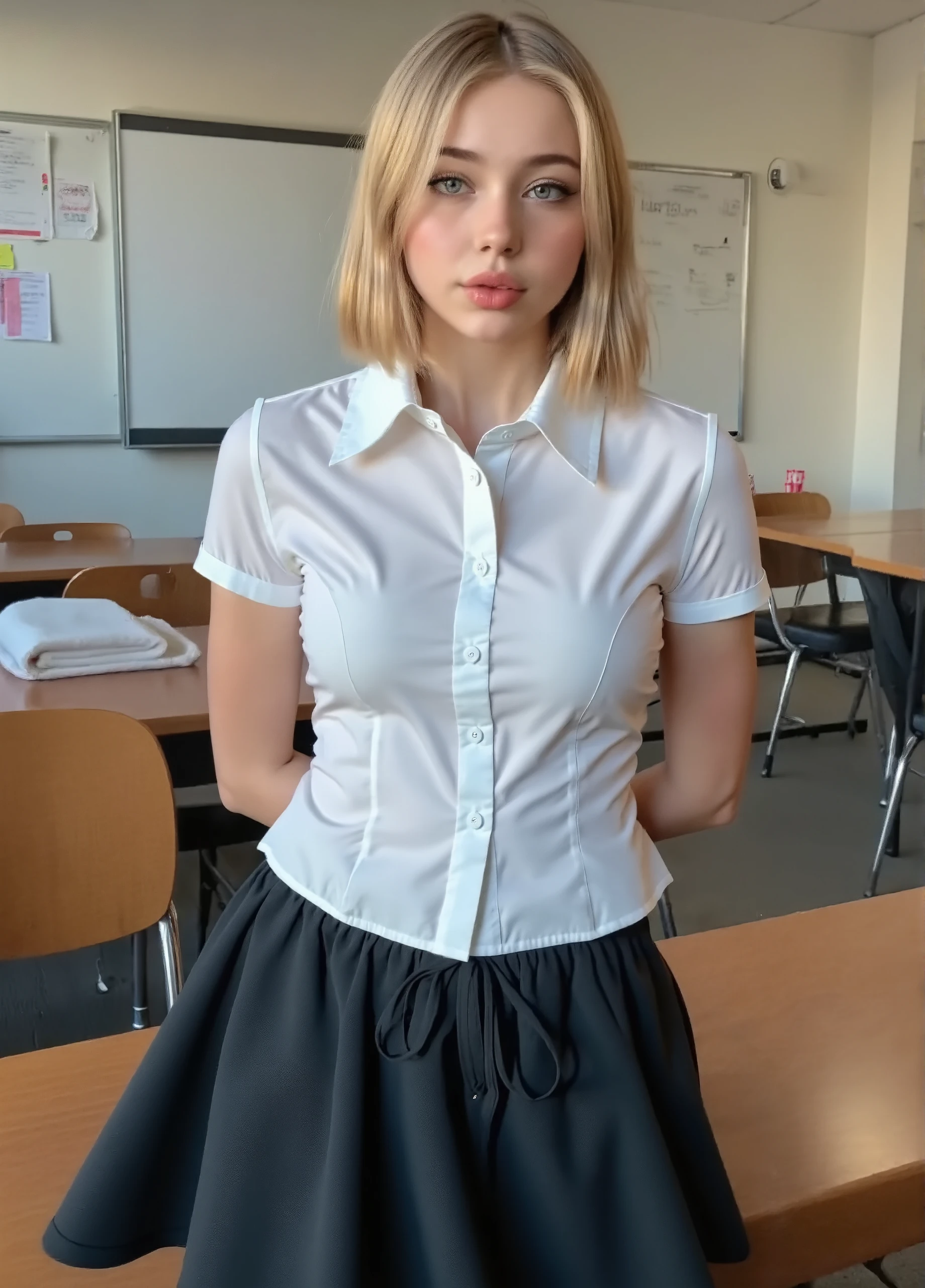 1 Girl, masterpiece,Bright, girl sitting on her knees in class,  in office skirt, Slender legs, short hair braided, blonde hair, Large thighs, big breasts, the skirt is lifted up and panties are visible, Beautiful face,