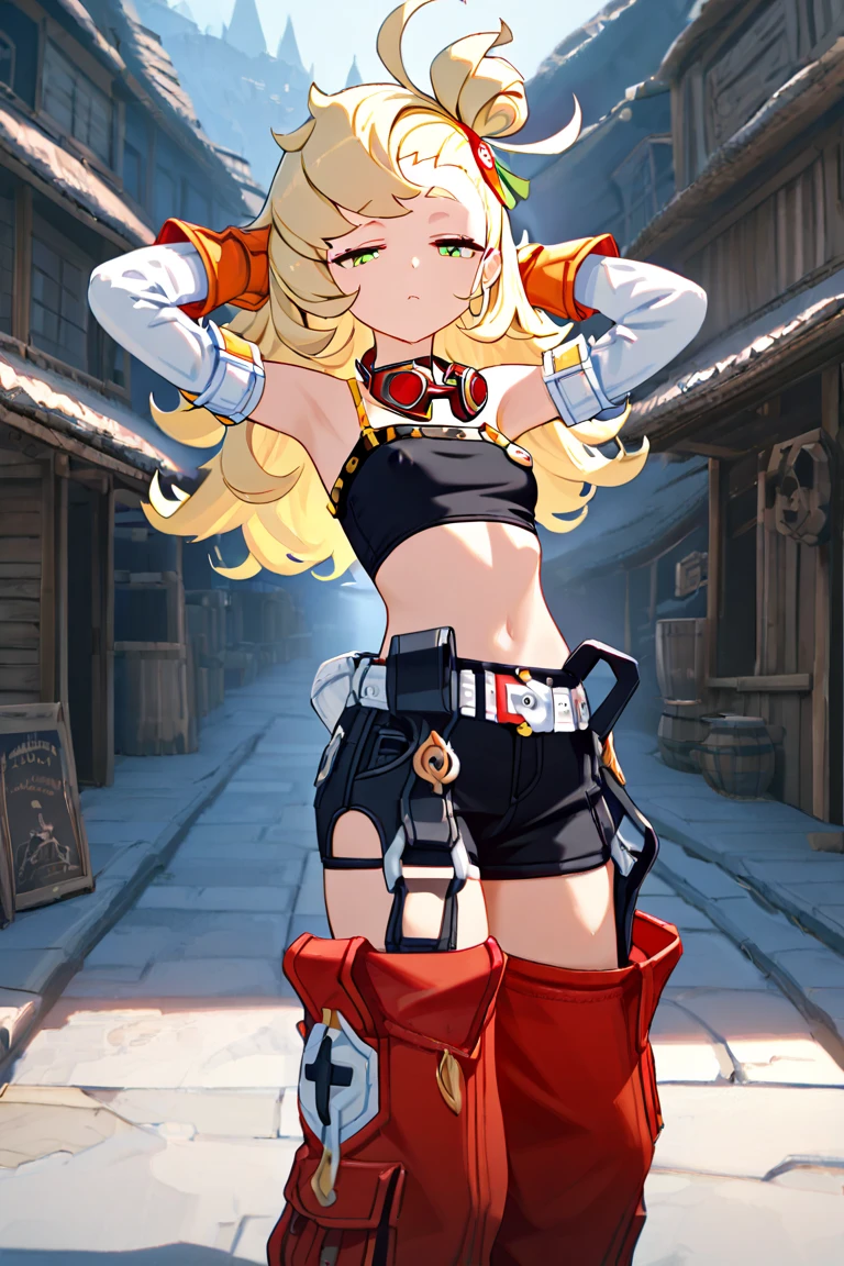 (masterpiece, best quality), 1girl, <lora:ONE_CeVIO:1> ONE_CeVIO, 1girl, solo, blue eyes, blonde hair, gloves, bare shoulders, collarbone, single braid, black skirt, pleated skirt, boots, single detached sleeves, choker, socks, belt, miniskirt, tattoo, single thighhigh, hair flaps, cross-laced footwear, zipper, asymmetrical legwear, lace-up boots, spaghetti strap, uneven legwear, zipper pull tab, orange shirt, orange dress, single kneehigh, pendant choker