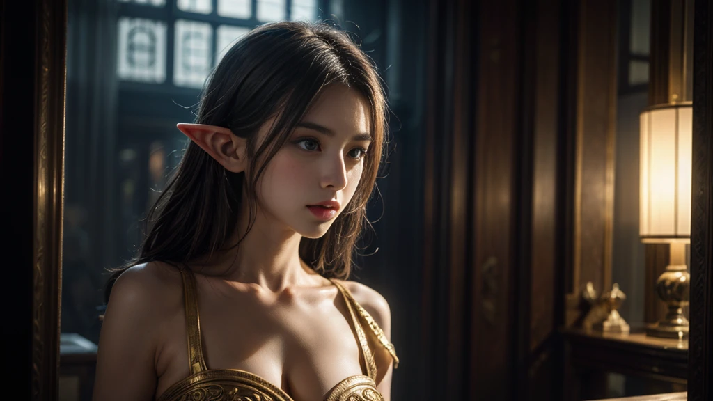 Artgerm (Stanley Lau) style, one piece (Wano Saga) style, best quality, ultra realistic, 16k, crazy resolution, UHD, ultra-detailed, detailed eyes, detailed skin, detailed hair, detailed face, detailed fabric, detailed texture , (1 beautiful young woman, alone: 1.1), tall, (elf) a vulcan girl from star trek (Sharon Tate (The Fearless Vampire Killers), long pointed ears, tanned skin, realistic skin texture, tanned brown skin, realistic hair, long (light brown) hair, blonde gradient tones hair, two-tone hair, high ponytail, hair stick , ornament hair), (natural big breasts:1.2), (sideboob:1.2), jewelry, (turquoise eyes), cowboy shot, V-shaped green eyes, ((hourglass shape)), hot naked, (Blurred in vibrant cinematic light), warm atmosphere, Show all, ultra-detailed, fine details, nude, (proportional) big hips, thick thighs, tall, Natural Color Lip, face with expression of pleasure and tiredness , different sensual poses at different angles, futuristic retro bedroom with neon lights (blurred background)、20 years old、dream atmosphere