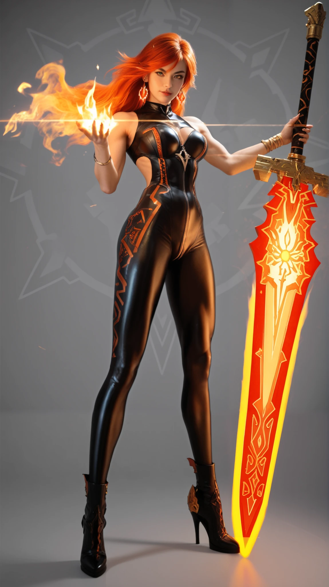 A young woman, light-skinned and likely in her late s or early twenties, is the central figure. She has long, vibrant yellow hair, and expressive, slightly almond-shaped eyes. Her expression is determined and focused. Her body type is slender but with defined muscles. She is wearing a black, form-fitting, close-fitting outfit, which incorporates intricate designs and accents of dark red. The outfit has a futuristic design element and showcases a tight-fitting black bodysuit with decorative details. She wears high-heeled boots and earrings. She is holding a flaming, ornate, long, light-orange sword, and she's raising her right hand as if manifesting or commanding a fiery energy. Surrounding her is a bright orange and red aura, with glowing, fiery effects and patterns. A circular, ornate design is behind her, also filled with a similar fiery energy and patterns. The background is a rich deep orange and red, with strong lighting focused on the subject and the sword, which creates a dramatic effect. The style is anime-inspired, vibrant, and highly stylized. The composition is centered on the figure, and the perspective is from a slightly elevated viewpoint. The lighting is dramatic and emphasizes the fiery elements in the image.