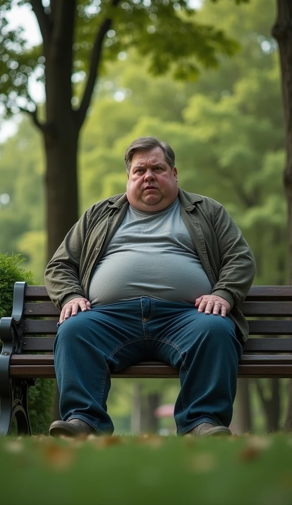 Very obese guy, bald, no hair, sitting in a tiny camping chair, in a park, very sad expression, ((pants: 1)) ((no shirt: 0.7)) ((front view:0.4)), highest quality, ultrarealistic, from a few metres away, zoomed out, from far away
