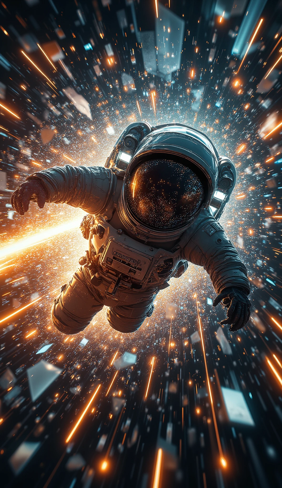 An astronaut is in rapid freefall through a chaotic, multi-dimensional space tunnel. Surrounding the astronaut are floating fragments of broken glass, spaceship debris, and metallic shards, their surfaces shimmering like mirrors. These fragments reflect the astronaut’s memories: glimpses of their face inside the helmet, peaceful moments from life on Earth—family under a glowing sunset, ren laughing, or staring at the starry sky. Some shards show uncertain future visions: a spaceship launching, planets breaking apart, or futuristic cities collapsing. These reflections create an overwhelming sense of time travel and the blending of past, present, and future.

The space tunnel is filled with streaks of glowing energy lines—orange, blue, and white—rushing past the astronaut at light speed, distorting and stretching the surroundings as if time and space are unraveling. The background features a black hole-like void, its gravitational pull warping light, debris, and reflections into spiraling patterns. As the astronaut descends, the fragmented reflections flicker and shift, enhancing the feeling of rapid motion and temporal distortion.

The color palette is dominated by deep blacks, neon blues, and fiery oranges, with shimmering metallic reflections adding depth. The debris and glowing energy lines appear blurred and stretched, emphasizing the extreme velocity of the descent. This creates a surreal and emotional atmosphere, blending science fiction, dreamlike visuals, and the concept of time travel. The scene evokes a sense of existential solitude, memory, and the uncertainty of what lies ahead, inspired by the visual aesthetics of ‘Interstellar’ and the distortion of time and space near a black hole