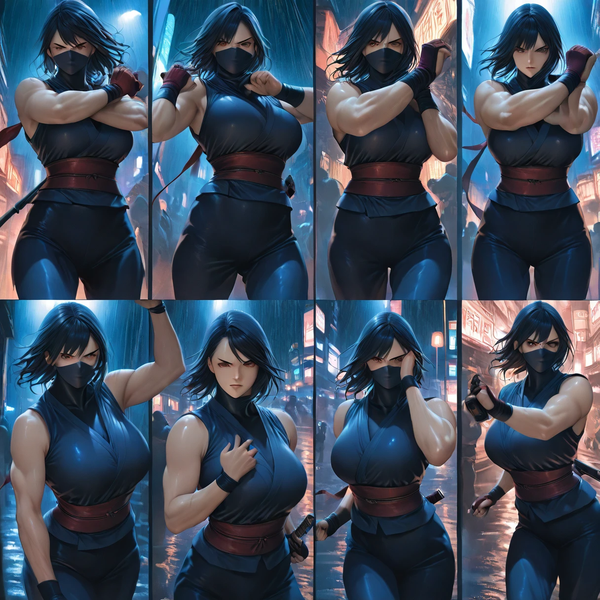 character design sheet, ninja girl, fighting pose