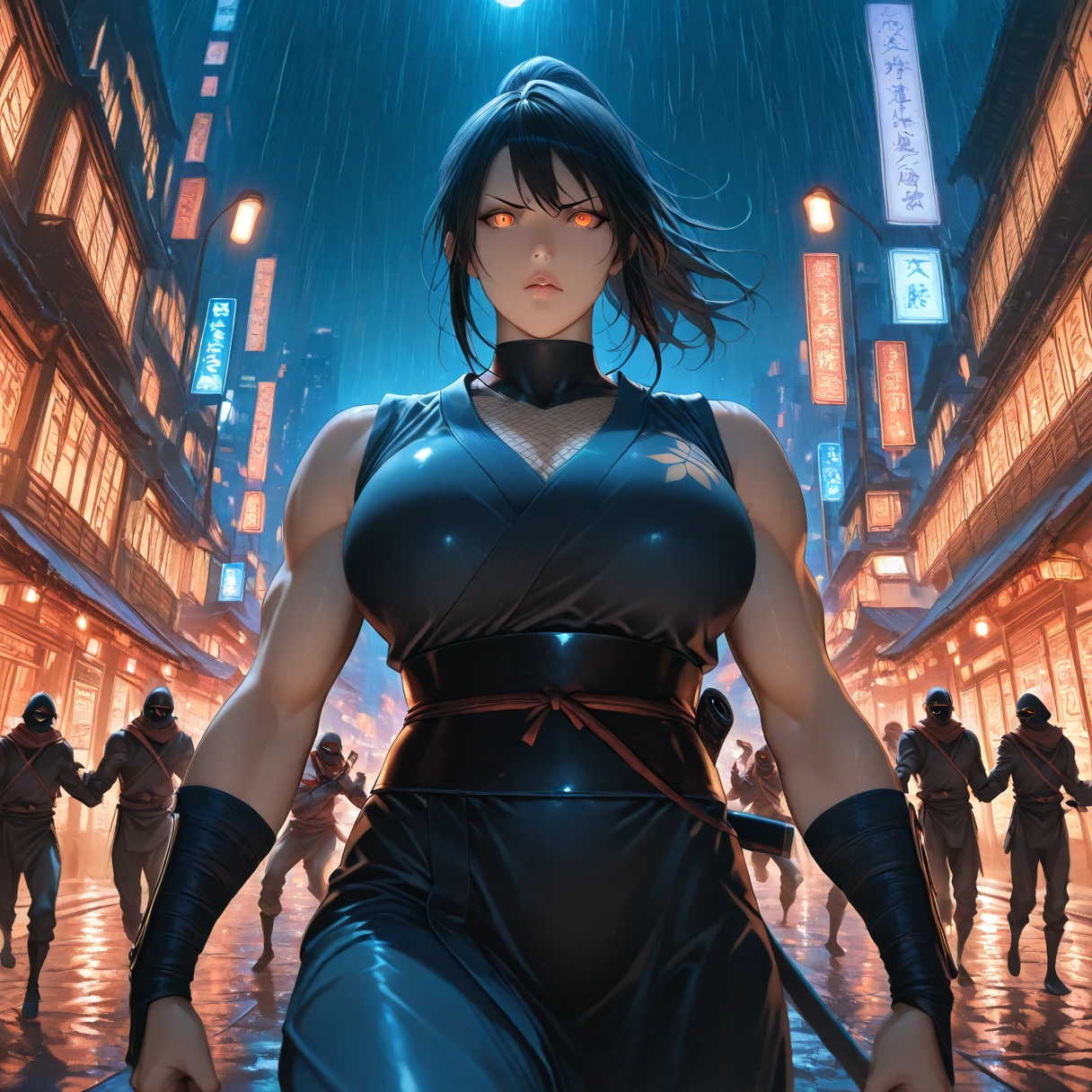 masterpiece, best quality, high detail, UHD, textured skin, cinematic, 1girl, mortal kombat ninja, brown skin, chubby, thick body, large waist, (hanging breasts: 1.3), impressive lighting, abstract background