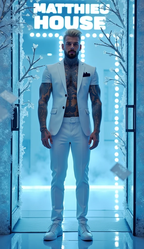 A Photograph capturing a surrealist vision: ben affleck in wet speedo, amidst a swirling color palette, poses outside a tailor shop, posing with the dreamlike surroundings. --ar 16:9