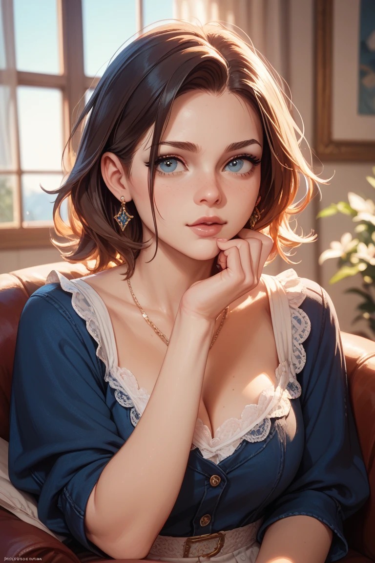 1girl, solo, looking_at_viewer, blue_eyes, brown_hair, dress, brown_eyes, bare_shoulders, sitting, jewelry, ponytail, earrings, thighs, necklace, white_dress, nail_polish, lips, legs, see-through, makeup, chair, lipstick, crossed_legs, hand_on_own_face, realistic, 3d