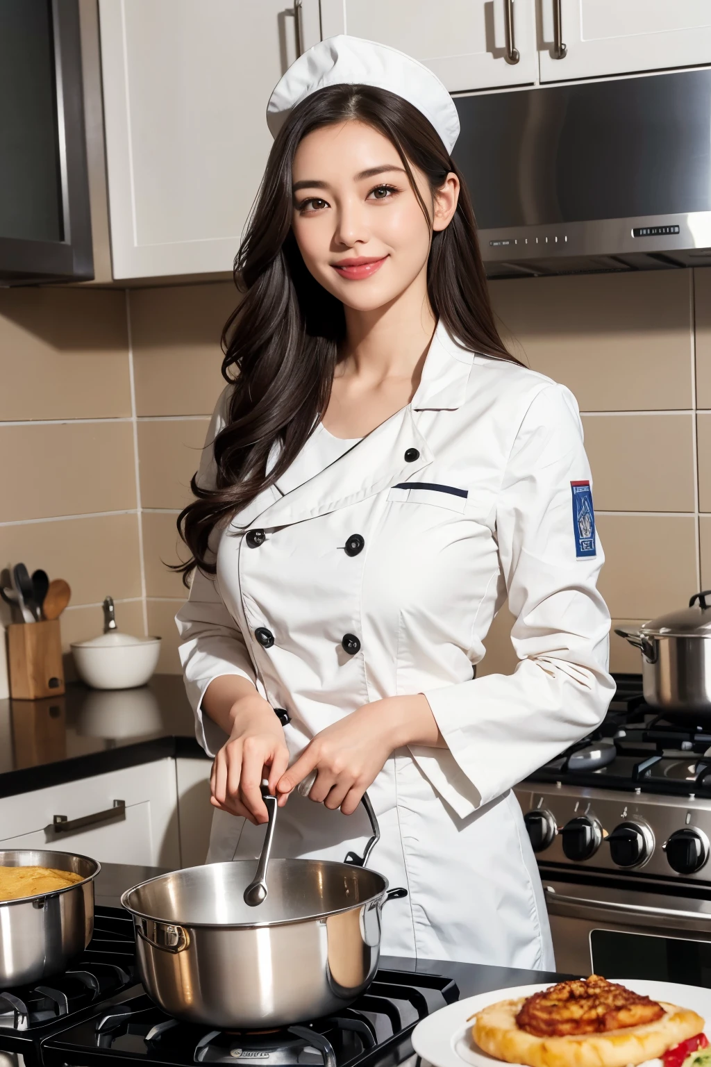 A highly detailed illustration of a cook in a hyper-realistic style, with a resolution of 8K. The artwork showcases the cook's beautifully detailed eyes, capturing every subtle expression and emotion. The image is a true masterpiece, with top-quality rendering and ultra-detailed features. The cook is depicted wearing the official uniform, which is depicted in exquisite detail, showcasing every fold and texture. Their long hair is neatly tucked under a chef's hat, and a delicate collarbone is visible beneath the crisp white jacket. With a smile full of happiness, the cook stands confidently, ready to create culinary delights. The background showcases a bustling kitchen, with pots and pans, ingredients, and utensils meticulously rendered.