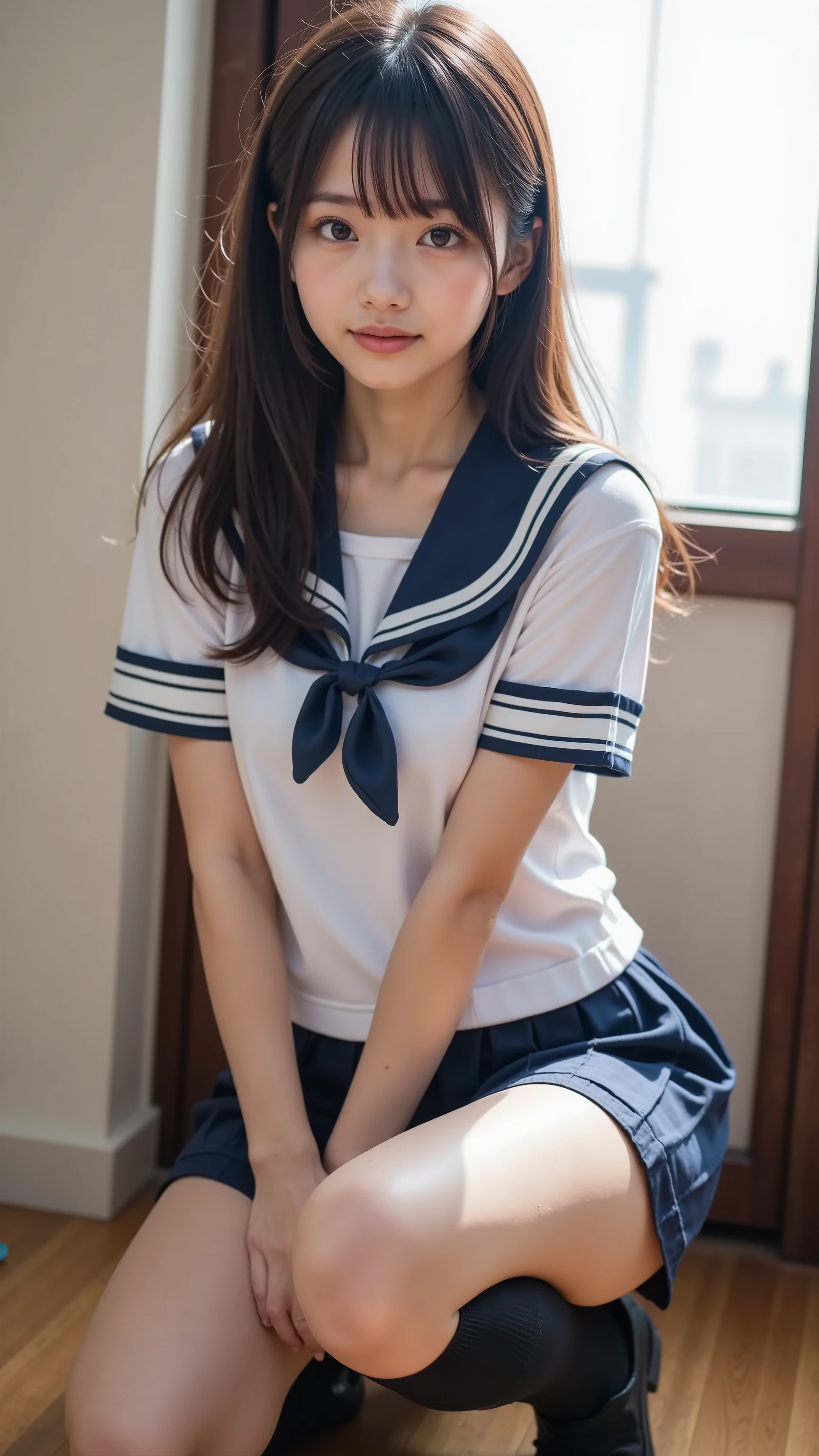 (((nsfw)))、 Japanese、KAWAII、Western-style room ,  perfect body,  double eyelids,  sit against the wall, crouching,white pantie, I'm wearing black knee socks  ,  cheap sailor suit, Japanese Language School Uniforms, 、 upskirt、  low angle shot 、( Between the thighs 、  Sisters、HIGH SEXUAL DESIRE 、 longing to have sex )、   young, thin and surprisingly cute gravure idol  , twin tails 、  school uniforms、   wearing a dark blue pleated skirt 、  highlight buttocks  、  oily skin 、    navy sailor color    、  ((( The panties are see-through and、)))、 loafers、    Realistic Atmosphere， cute girl，Youngface，baby face， cute 、  too cute small breasts 、  too cute butt、  middle school student、(((Super transparent panties)))、((the panties are wet、You can see the other side))、