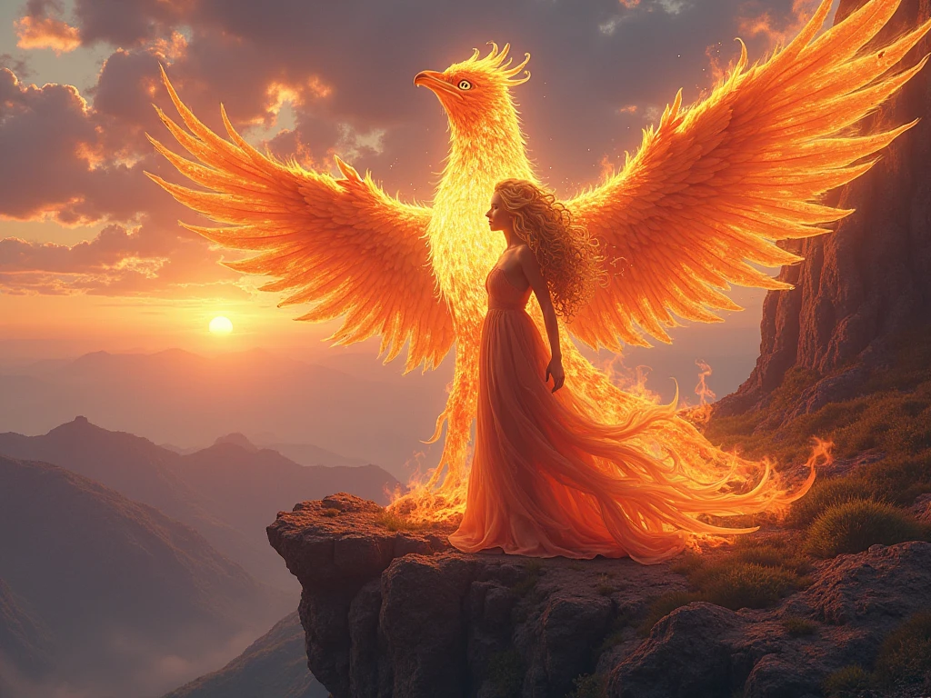 fantasy image of a phoenix bird rising from the ashes in a sunrise, flowers below growing, with its wings opened full front and the illusion of a girl also rising before the bird.