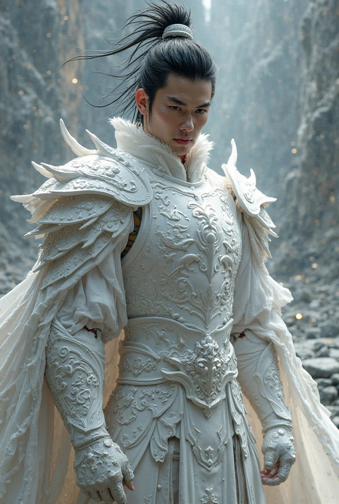 Handsome, 25 years old, Asian, master work, best picture quality, higher quality, high detail, super high resolution, (realistic: 1.4) 8k resolution, delicate facial features, boy, big muscles, tattoo, glowing eyes, short hair, white black hair, hair details, (full body: 0.6), detailed background , [[Look away, look to the side, emphasize homosexuality and pay attention to every detail , open Hanfu transparent tulle jacket, white rubber pants, circling dragon, Chinese garden background (crotch bulge), , Fa gong, earth walking, Chinese kung fu, fingerless gloves, wristbands, dragon themed costumes, monk robes, spinning floating particles, dynamic composition, desert background, flying sand, earth escape, very much dirt, flying sand around the body