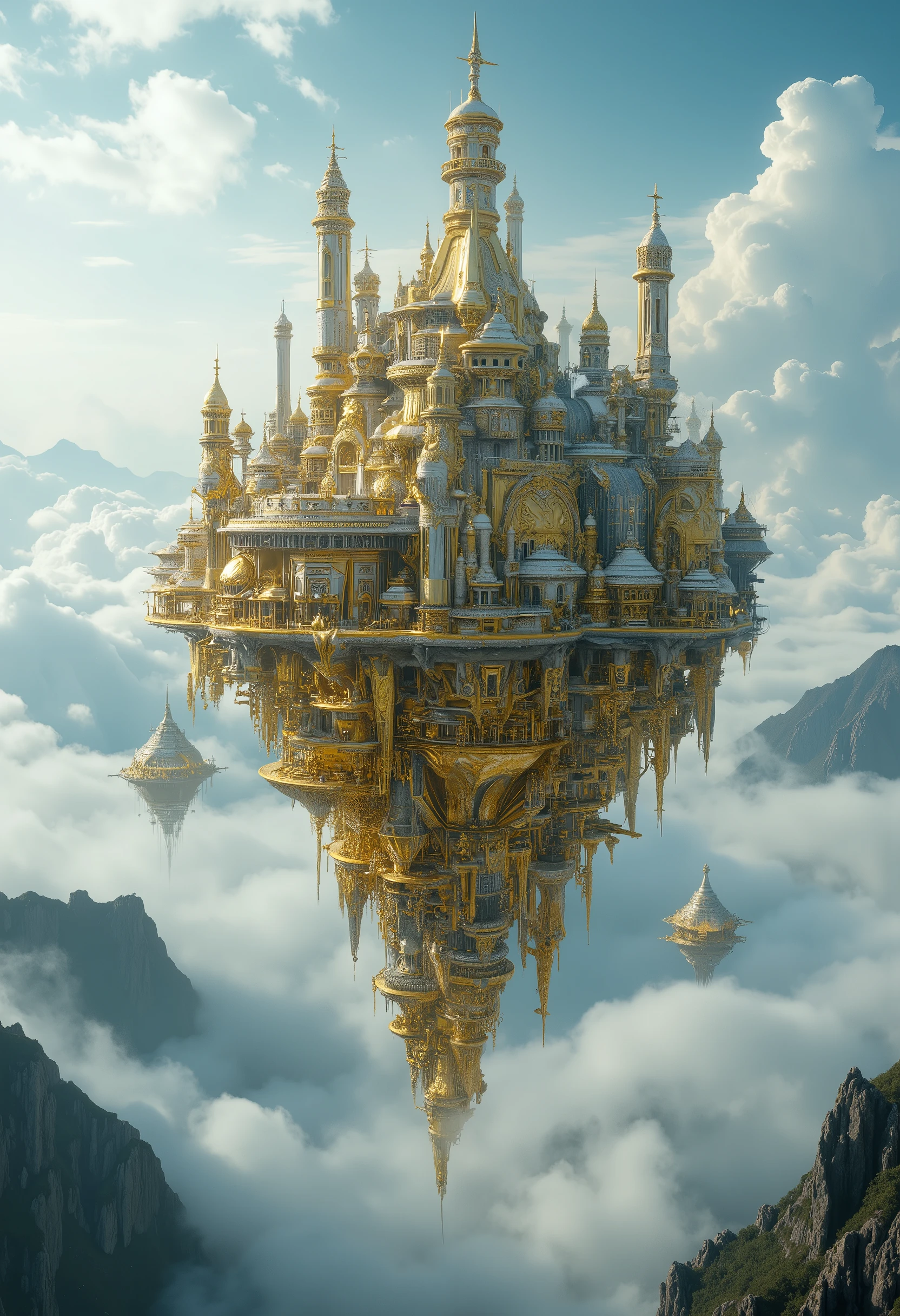 Floating island town in the clouds, floating, golden plated land