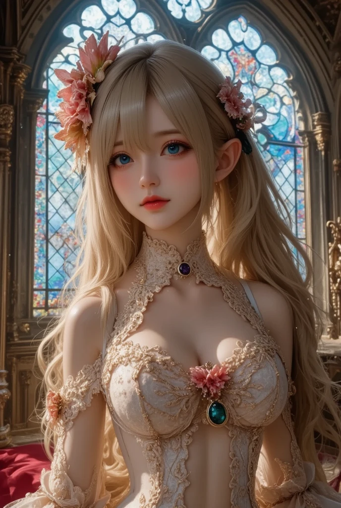 masutepiece、An ultra-high picture quality、Super distinct、8K、perfect anatomia、Very high saturation、One Princess、,teens、 Yellow hair, 10 years ol, Princess、Innocent, Blue eyes, rococo dress,Inside the palace、(Only the chest of the dress is open:1.7)、(Nipples are visible:1.9)、(Small:1.9)、(the chest is flat:1.9)、(long  skirt:1.8)、、(Nipples are large:1.3)、（embarassed expression:1.7）,Very realistic nipples