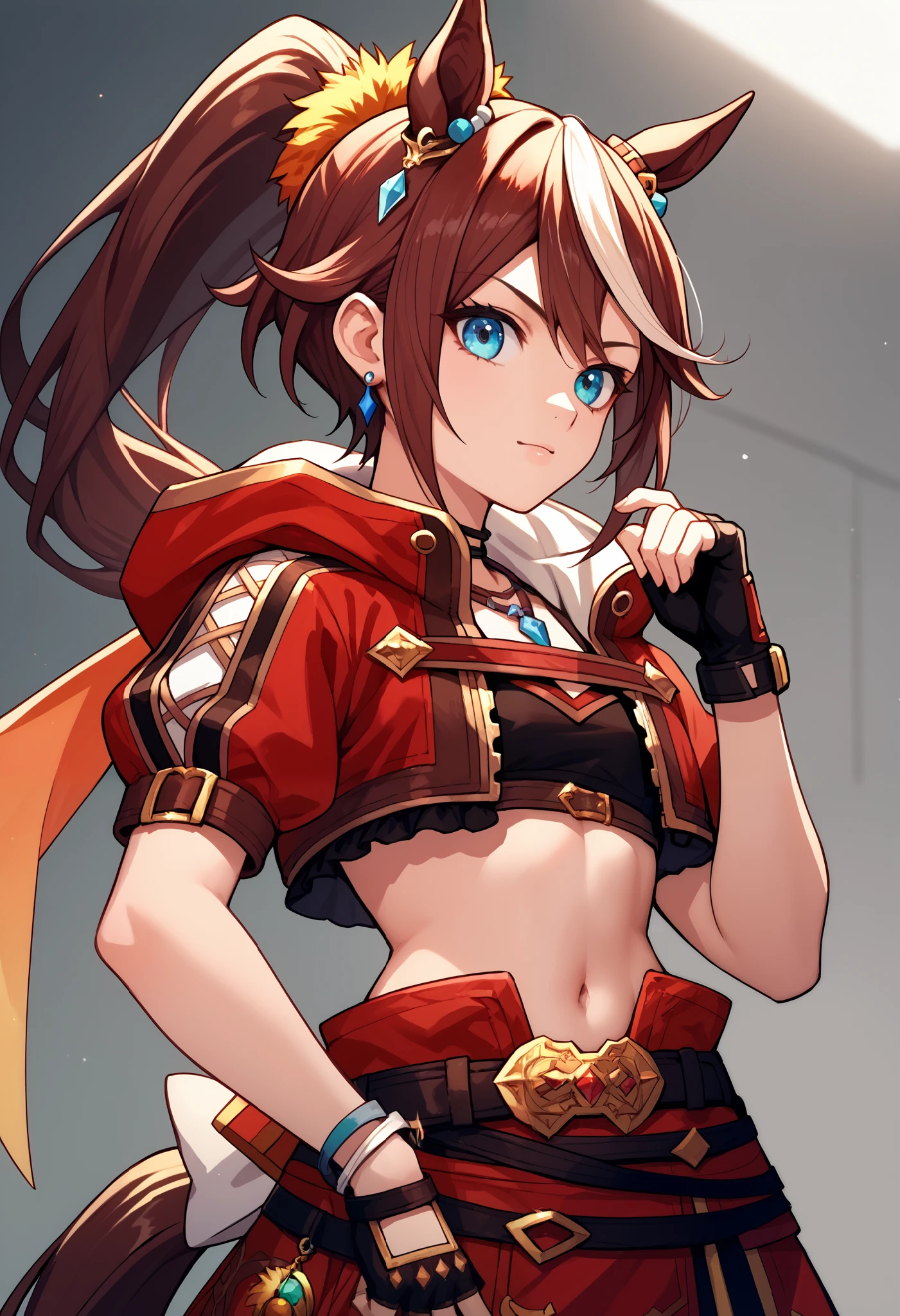 score_9, score_8_up, score_7_up,   source_anime, alone, 1 girl, TOKAI HORIZON , horse tail, long hair, high ponytail on the right side of the image,   animal ears, earrings, red jacket, cropped jacket, hooded jacket, open jacket, PUFFY SHORT SLEEVE, black gloves, Fingerless Gloves, red skirt, miniskirt, belt, necklaces, midriff, belly button　bedroom　standing