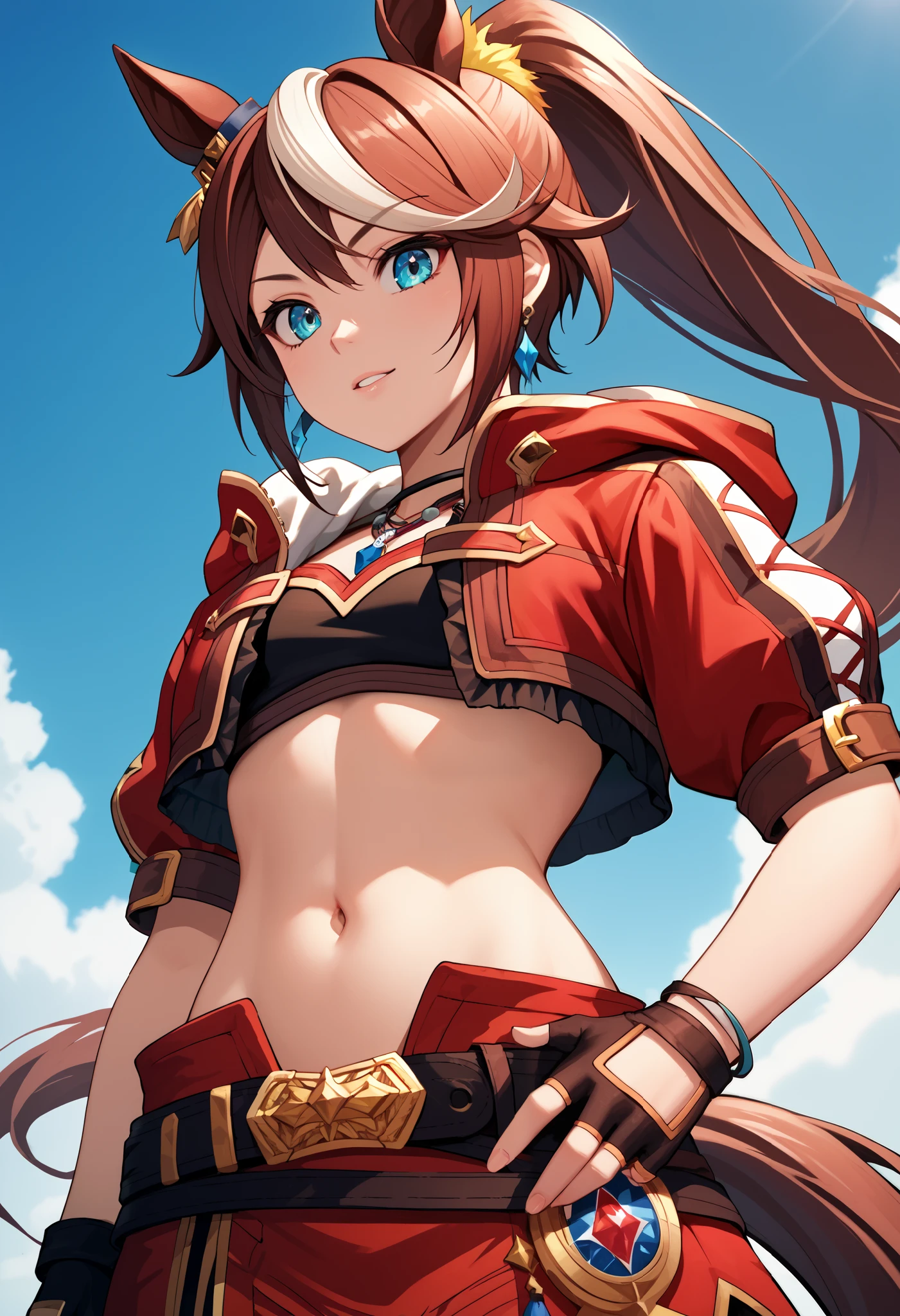 (masterpiece)), ((best quality)), (super detailed), ((very detailed)), 4K, (8k),　score_9, score_8_up, score_7_up,  source_anime, alone, 1 girl, TOKAI HORIZON , horse tail, long hair, high ponytail on the right side of the image, animal ears, earrings, red jacket, cropped jacket, hooded jacket, open jacket, PUFFY SHORT SLEEVE, black gloves, Fingerless Gloves, red skirt, miniskirt, belt, necklaces, midriff, belly button　bedroom　standing　cowboy shot　angle from below