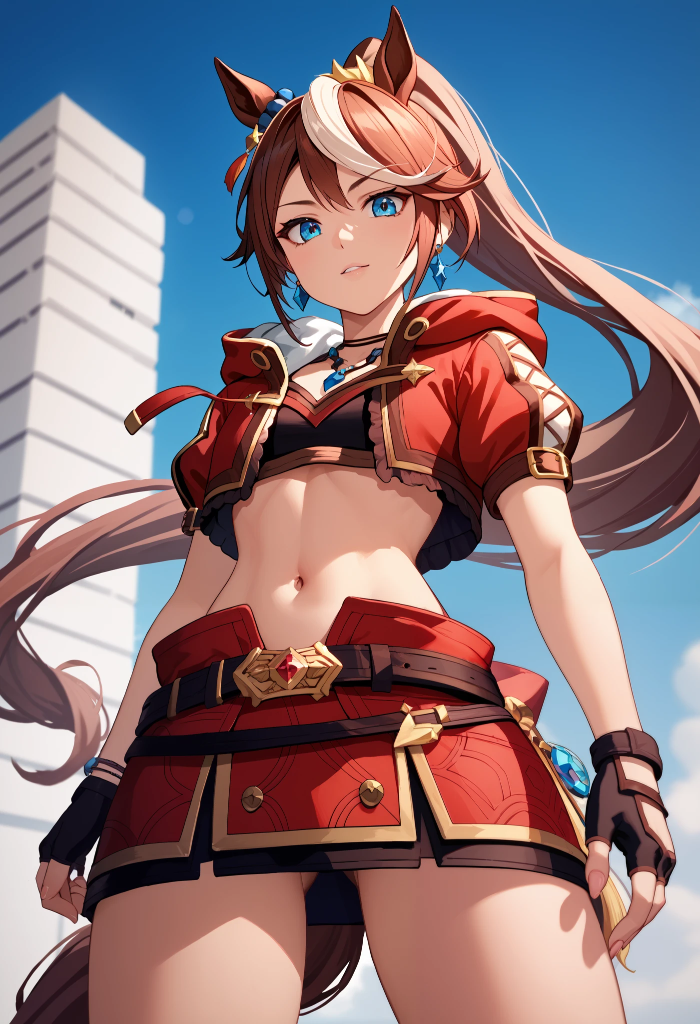 (masterpiece)), ((best quality)), (super detailed), ((very detailed)), 4K, (8k), score_9, score_8_up, score_7_up, source_anime, alone, 1 girl, TOKAI HORIZON , horse tail, long hair, high ponytail on the right side of the image, animal ears, earrings, red jacket, cropped jacket, hooded jacket, open jacket, PUFFY SHORT SLEEVE, black gloves, Fingerless Gloves, red skirt, miniskirt, belt, necklaces, midriff, belly button bedroom standing cowboy shot angle from below