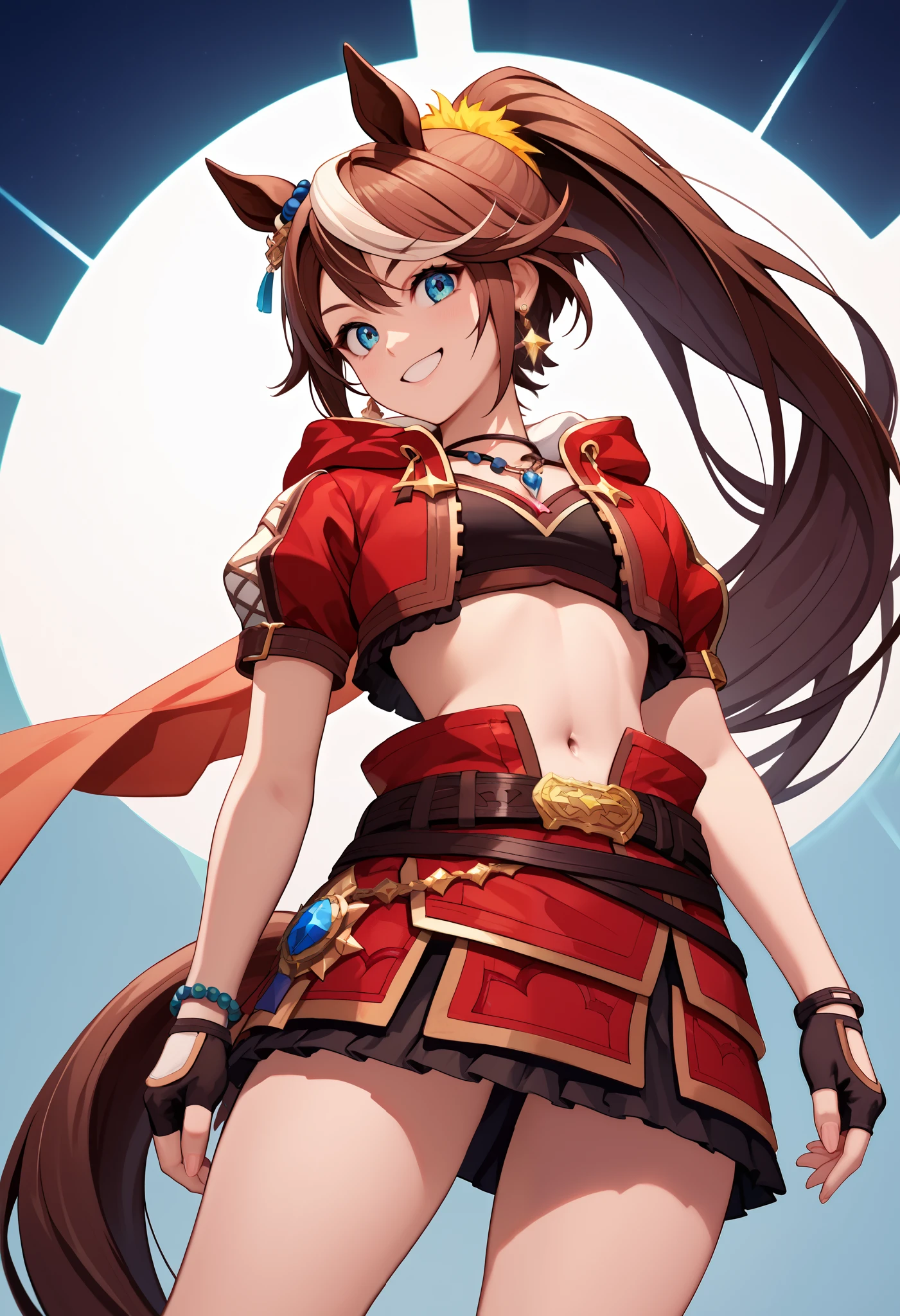 (masterpiece)), ((best quality)), (super detailed), ((very detailed)), 4K, (8k), score_9, score_8_up, score_7_up, source_anime, alone, 1 girl, TOKAI HORIZON , horse tail, long hair, high ponytail on the right side of the image, animal ears, earrings, red jacket, cropped jacket, hooded jacket, open jacket, PUFFY SHORT SLEEVE, black gloves, Fingerless Gloves, red skirt, miniskirt, belt, necklaces, midriff, belly button bedroom standing cowboy shot angle from below smile
