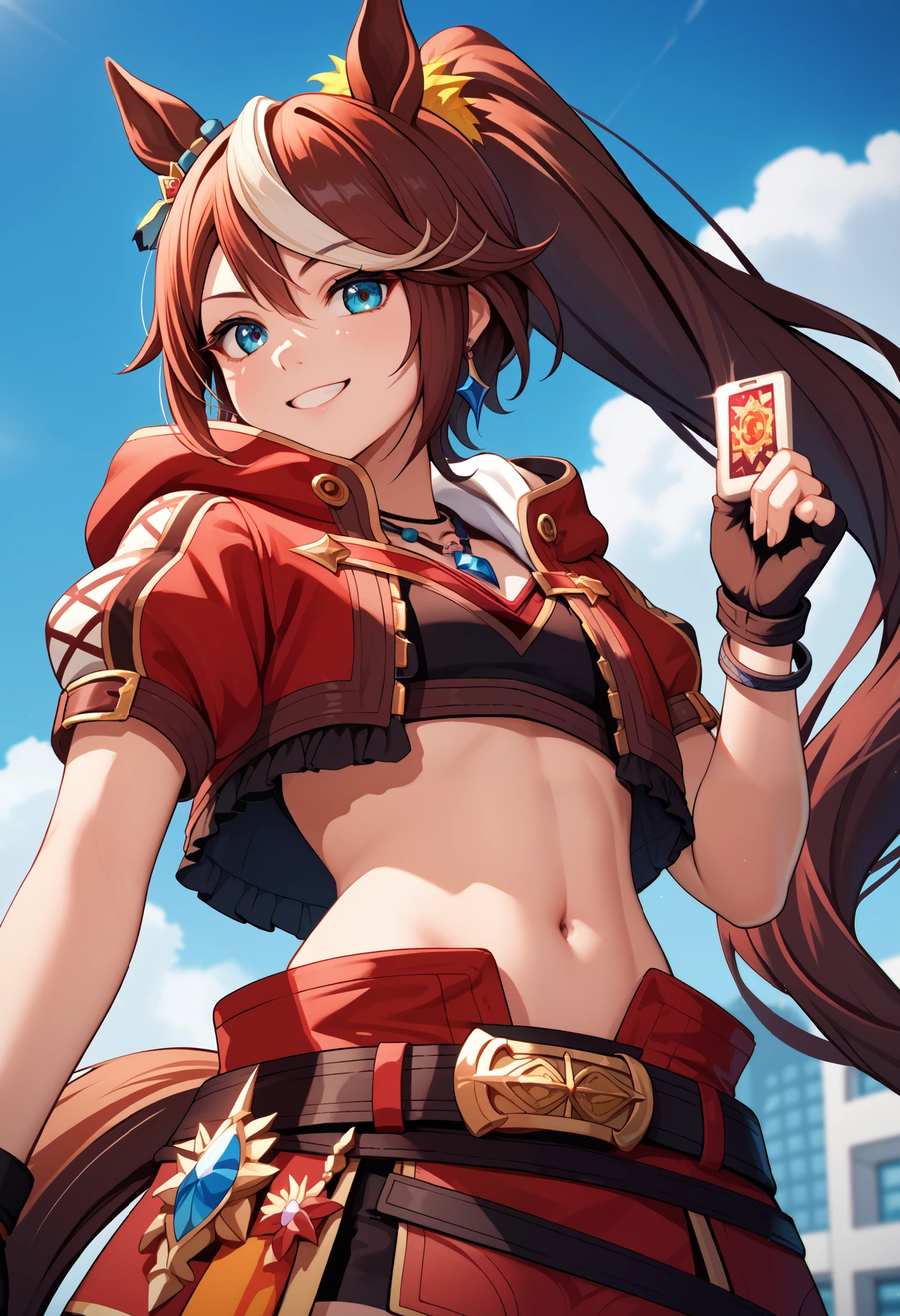 (masterpiece)), ((best quality)), (super detailed), ((very detailed)), 4K, (8k), score_9, score_8_up, score_7_up, source_anime, alone, 1 girl, TOKAI HORIZON , horse tail, long hair, high ponytail on the right side of the image, animal ears, earrings, red jacket, cropped jacket, hooded jacket, open jacket, PUFFY SHORT SLEEVE, black gloves, Fingerless Gloves, red skirt, miniskirt, belt, necklaces, midriff, belly button bedroom standing cowboy shot angle from below smile