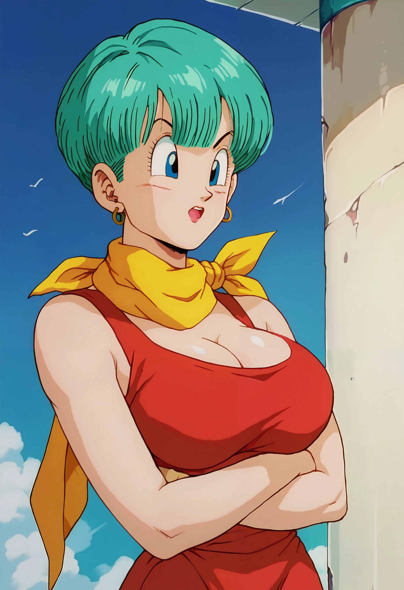 score_9,score_8_up,score_7_up,Bulma, aqua colored hair, blue eyes,(aged up:1.4),big breasts,yellow scarf wrapped around her neck, red dress, yellow boots, trailers.
