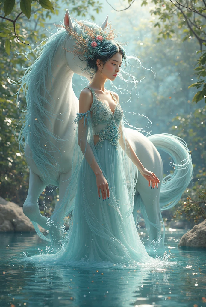 ( High quality , ultra detailed, careful with hand )Zodiac - Taurus goddess , similar to latin goodness , Practical, resourceful, confident, energetic, tidy face , Stubborn, unforgiving, excessive style , crystal greenish eyes , light green hair , transparent dress , in the ocean with tree island , whole body , tidy make up look ,