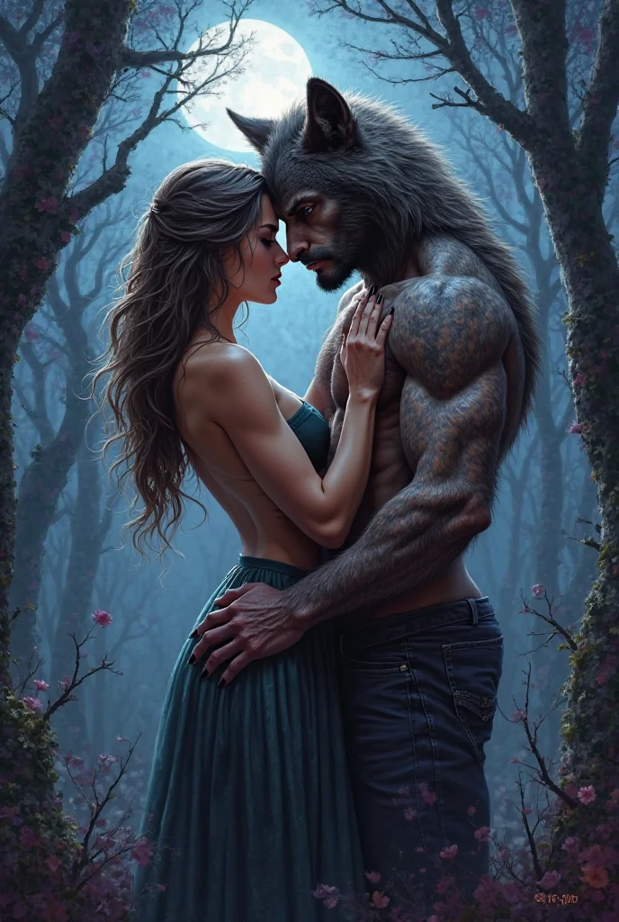 Homem extremamente lindo corpo definido olhos verdes brilhantes e cabelos ondulados negros virando wolves ( wolves , large black werewolf with green eyes and a serene appearance) looking at her partner a woman with strawberry blonde hair and amber eyes turning into a wolf ( loba de cor loiro morango com o rabo branco na ponta olhando para seu parceiro wolves ) in the forest and in the distance in the sky a helicopter at night