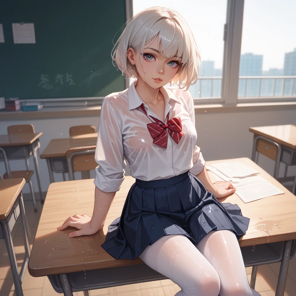 Hot girl, white hair, green eyes, black school clothes, sexy pose, short hair