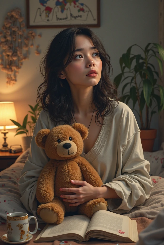 Uma imagem aconchegante de uma menina de 18 anos, with a lovely appearance, vestindo um pijama de estampa de flocos de neve. She's sitting in front of a fireplace, hugging a teddy bear with a knitting scarf. The environment is decorated with Christmas decorations and soft lights, conveying a sense of warmth and comfort.